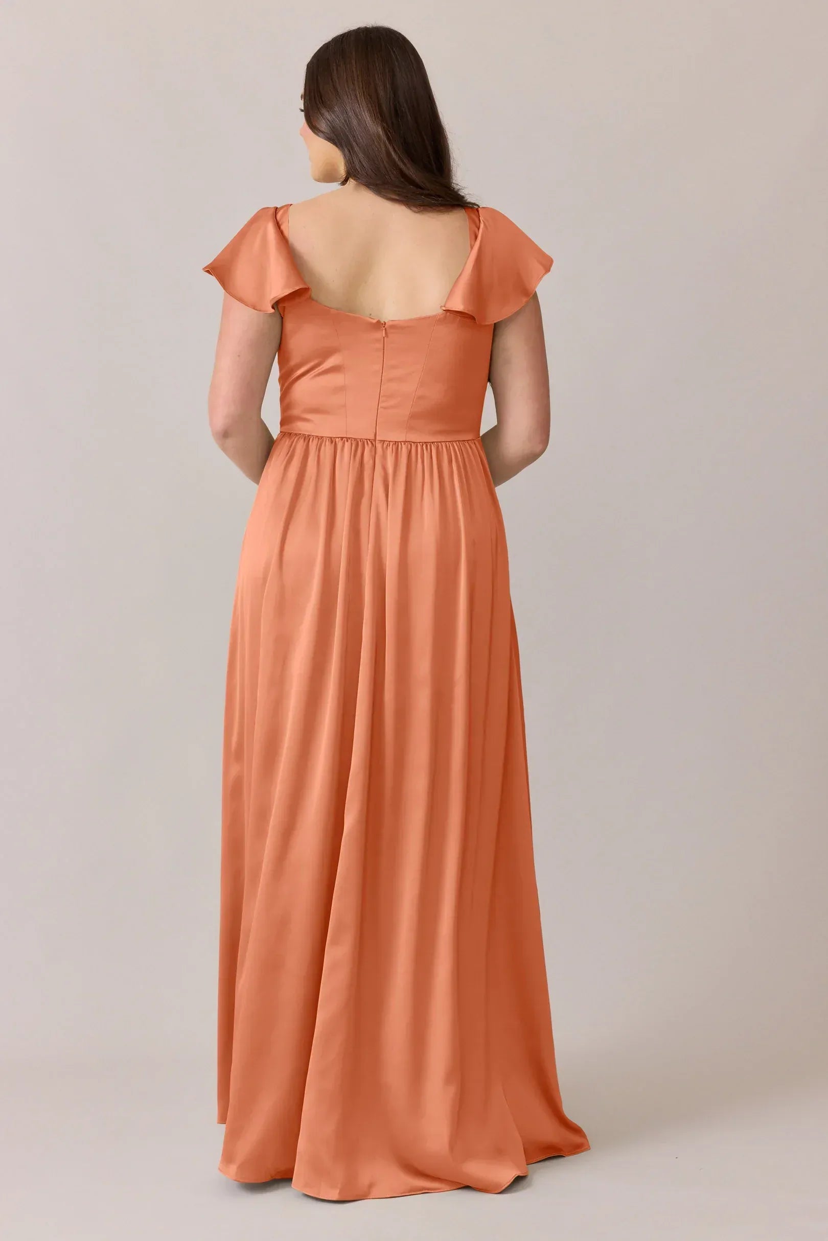 Rust Square Neck Ruffle Sleeve A-Line Bridesmaid Dress