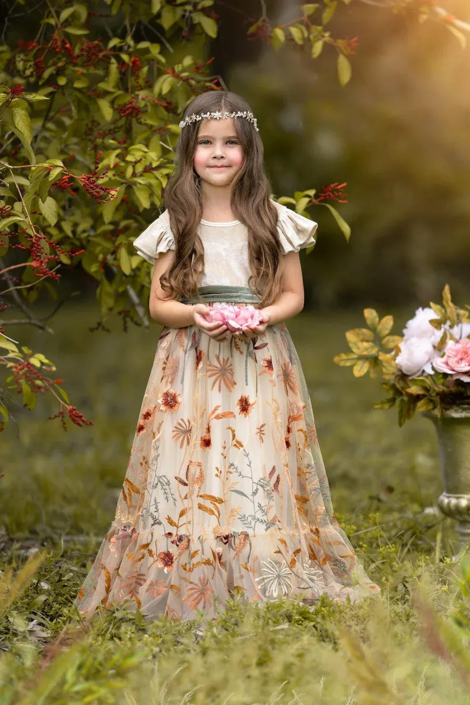 Rustic A-Line Round Neck Flutter Sleeve V-Back Floor-Length Outdoor Flower Girl Dress