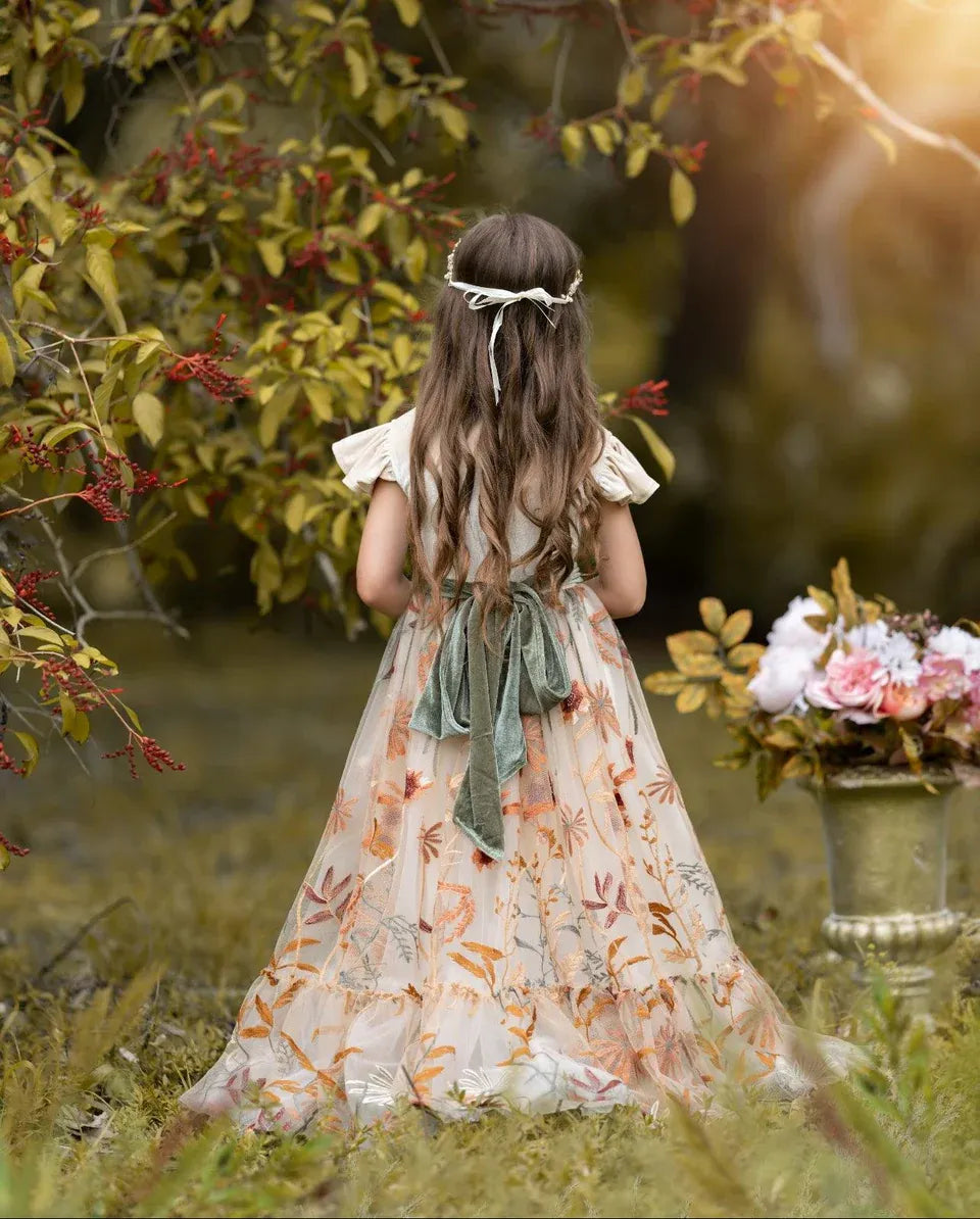 Rustic A-Line Round Neck Flutter Sleeve V-Back Floor-Length Outdoor Flower Girl Dress