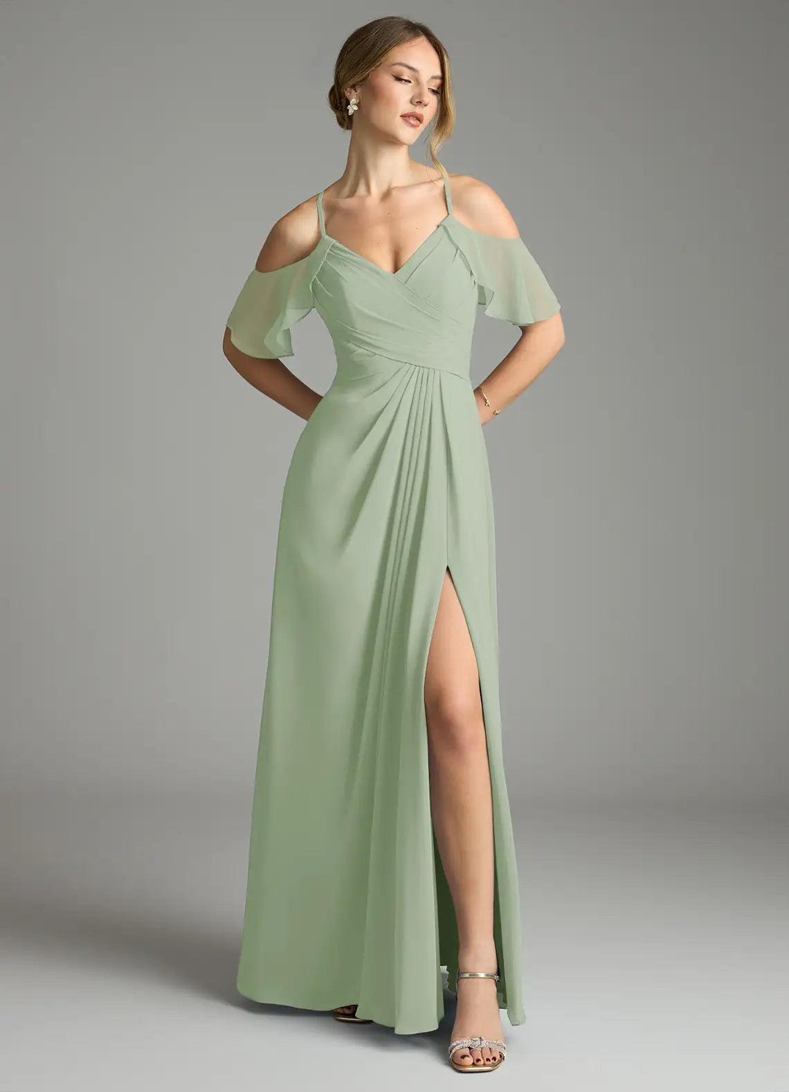 Sage Cold Shoulder Ruffle Wrap High Slit A Line Chiffon Maxi Bridesmaid Dress