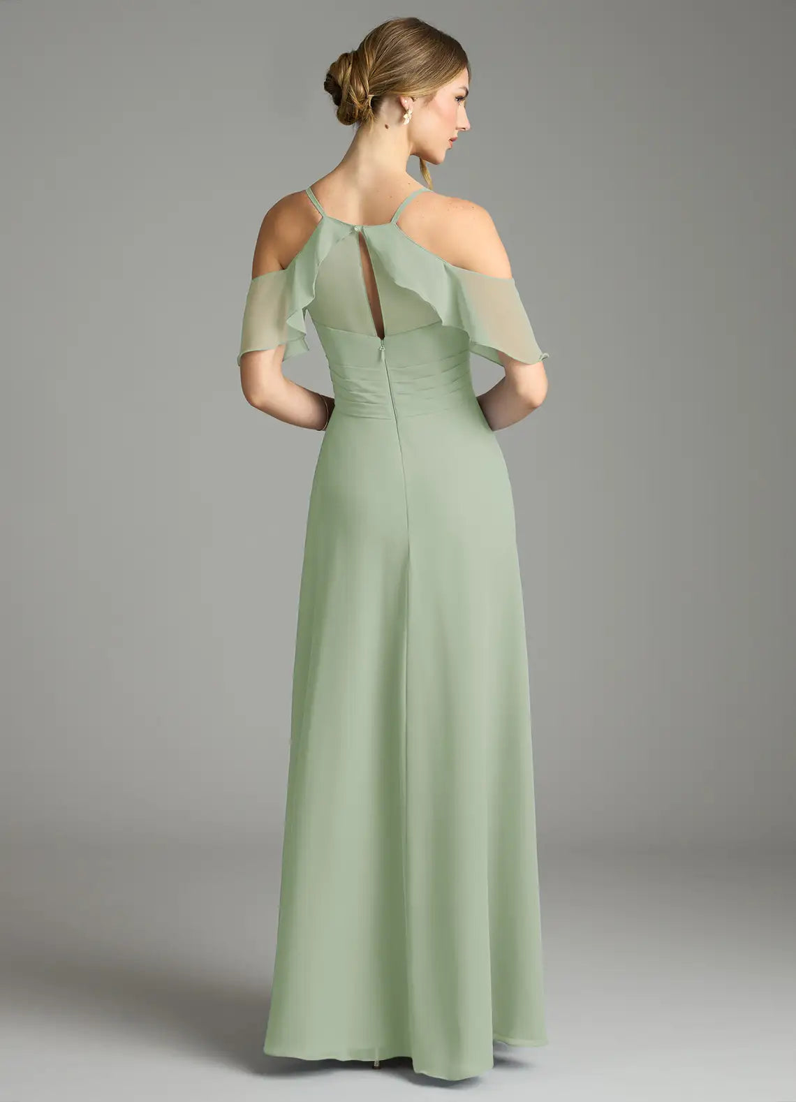 Sage Cold Shoulder Ruffle Wrap High Slit A Line Chiffon Maxi Bridesmaid Dress
