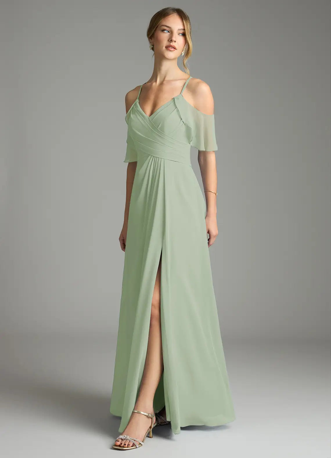 Sage Cold Shoulder Ruffle Wrap High Slit A Line Chiffon Maxi Bridesmaid Dress
