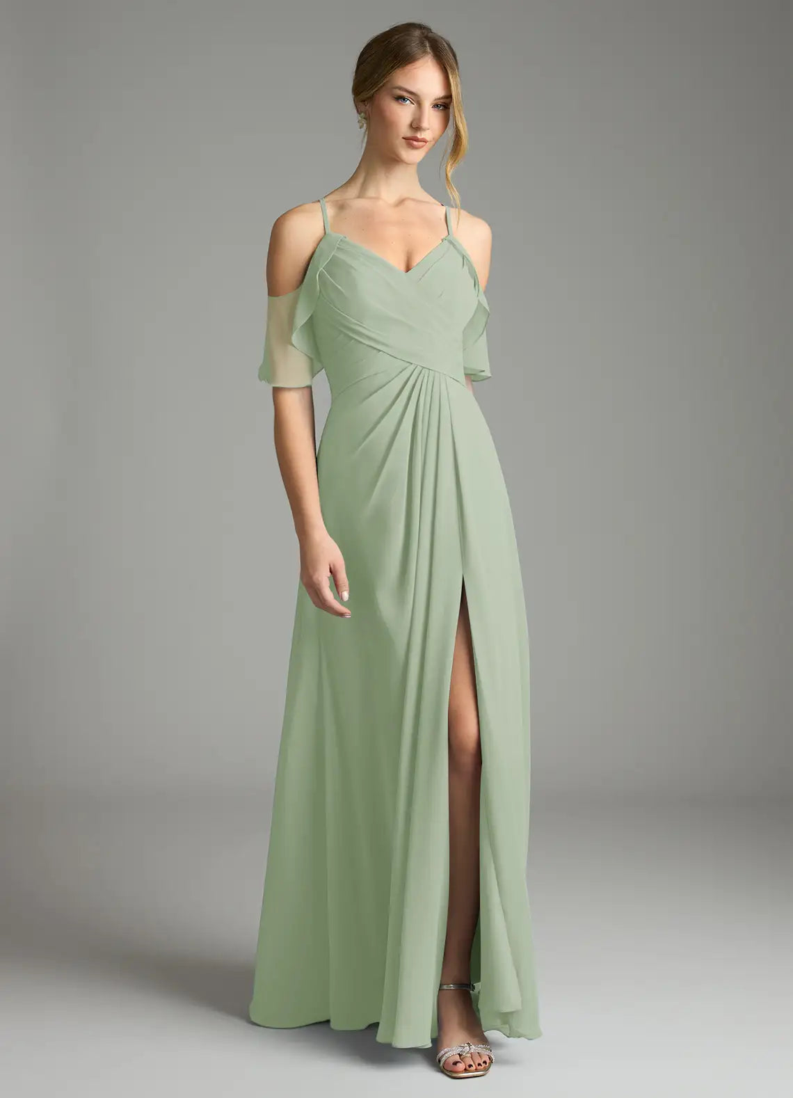Sage Cold Shoulder Ruffle Wrap High Slit A Line Chiffon Maxi Bridesmaid Dress