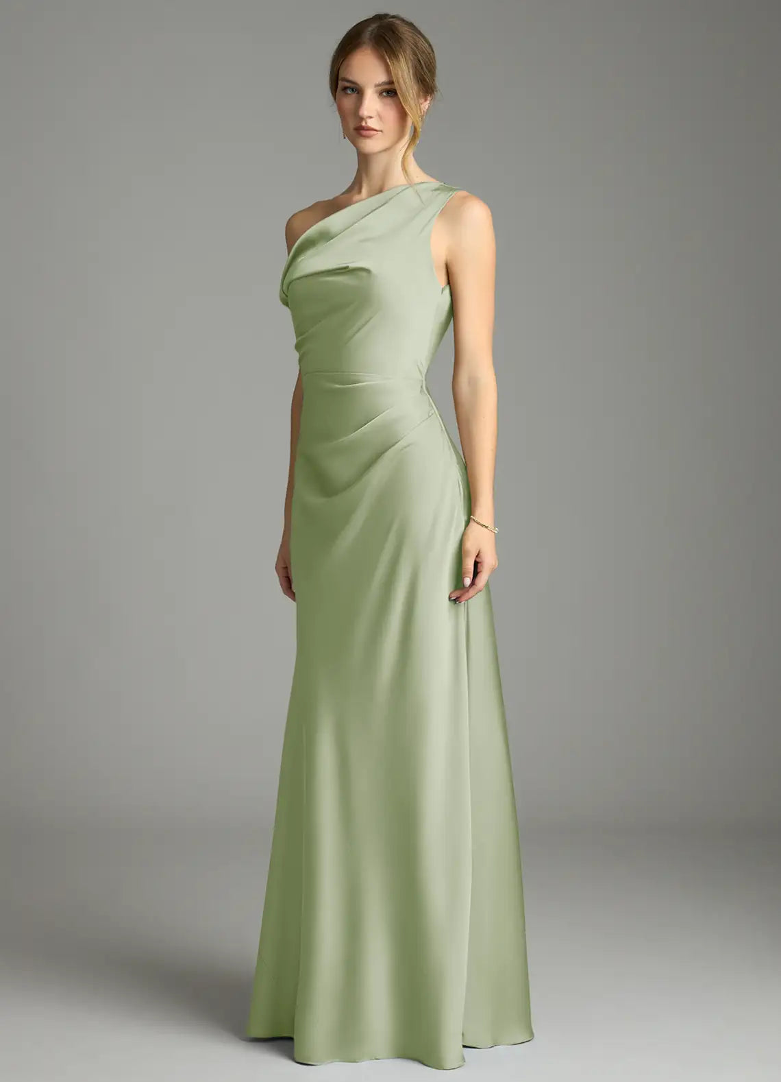 Sage Convertible Asymmetric Off Shoulder Satin Mermaid Maxi Bridesmaid Dress