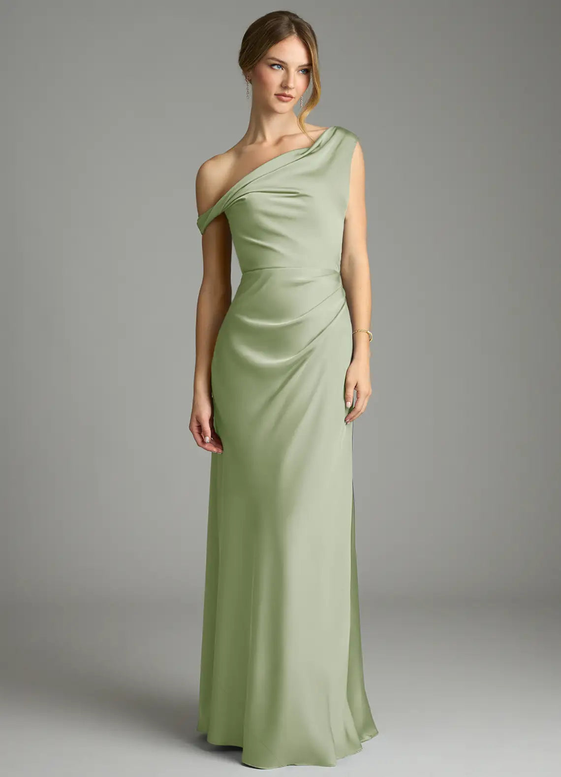 Sage Convertible Asymmetric Off Shoulder Satin Mermaid Maxi Bridesmaid Dress
