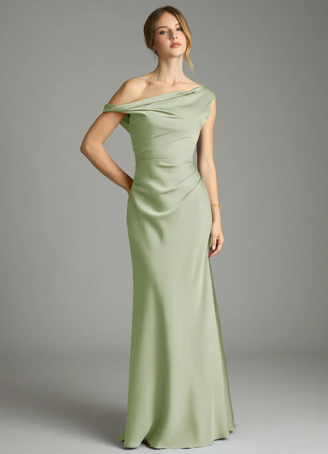 Sage Convertible Asymmetric Off Shoulder Satin Mermaid Maxi Bridesmaid Dress