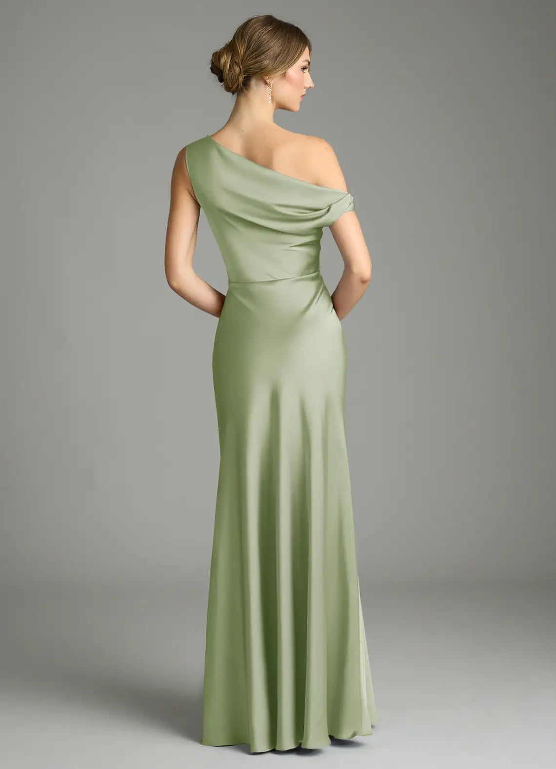 Sage Convertible Asymmetric Off Shoulder Satin Mermaid Maxi Bridesmaid Dress