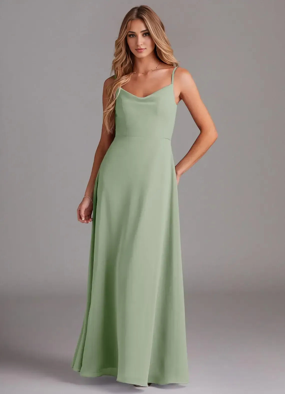 Sage Cowl Spaghetti Strap V Back Floor Length A Line Chiffon Bridesmaid Dress