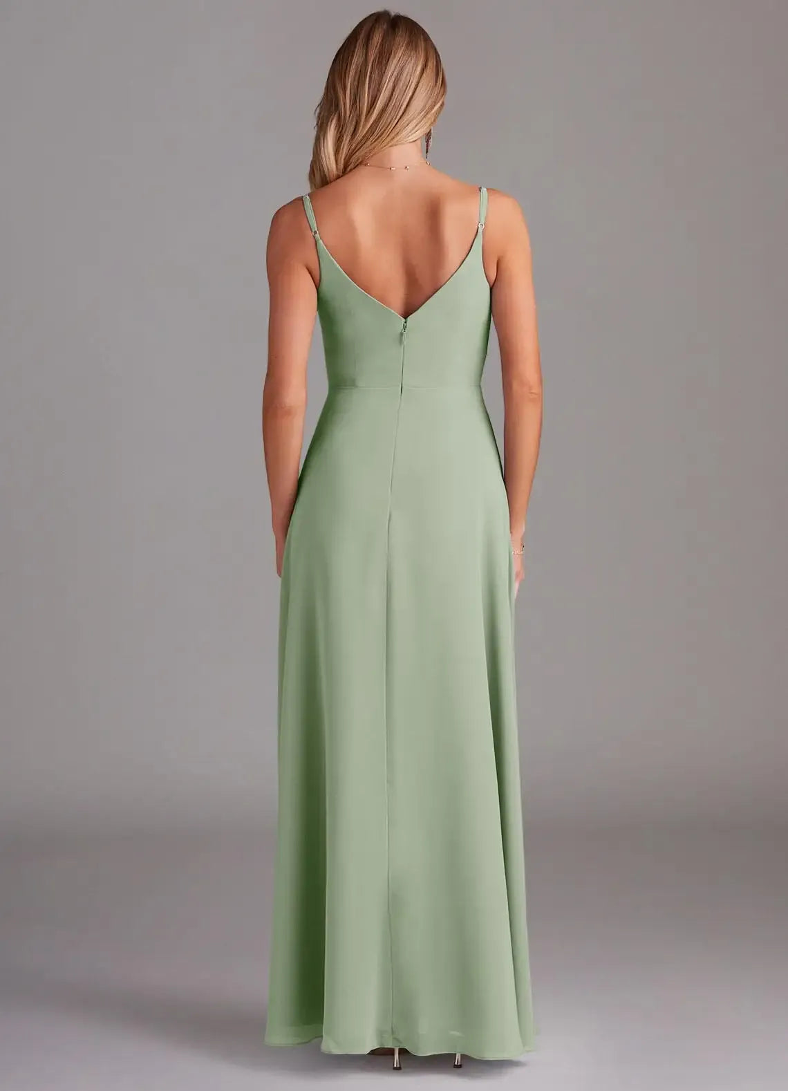 Sage Cowl Spaghetti Strap V Back Floor Length A Line Chiffon Bridesmaid Dress