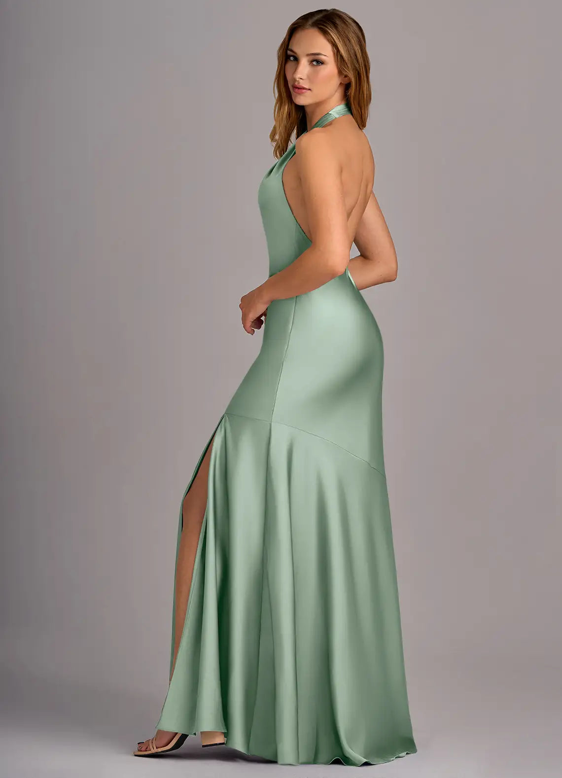 Sage Cross Halter Deep Open Back High Slit Mermaid Maxi Satin Bridesmaid Dress