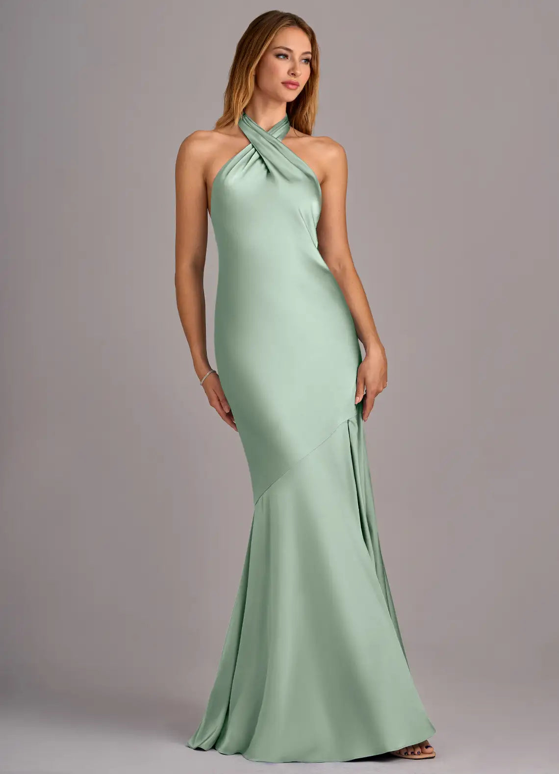 Sage Cross Halter Deep Open Back High Slit Mermaid Maxi Satin Bridesmaid Dress