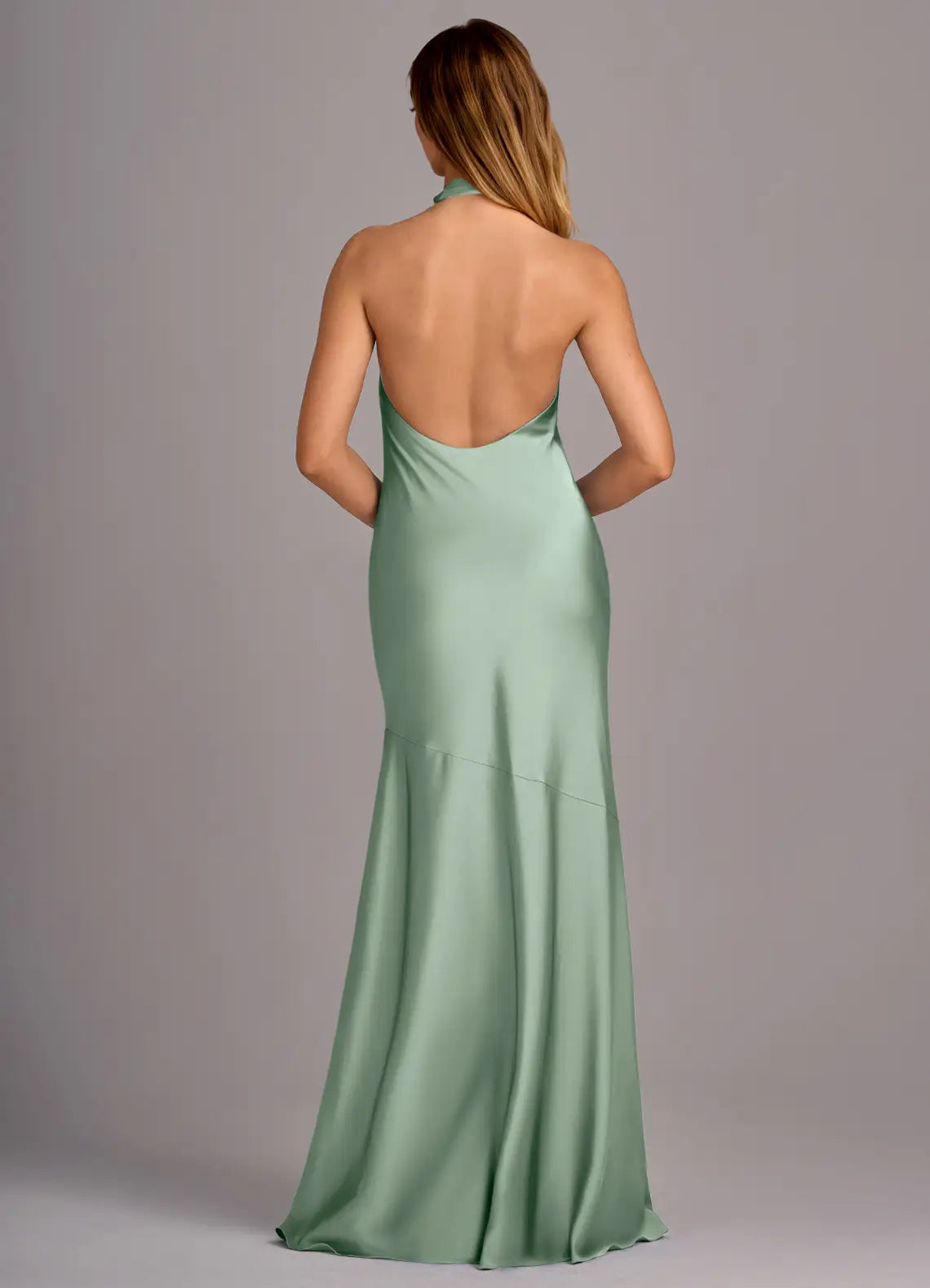 Sage Cross Halter Deep Open Back High Slit Mermaid Maxi Satin Bridesmaid Dress