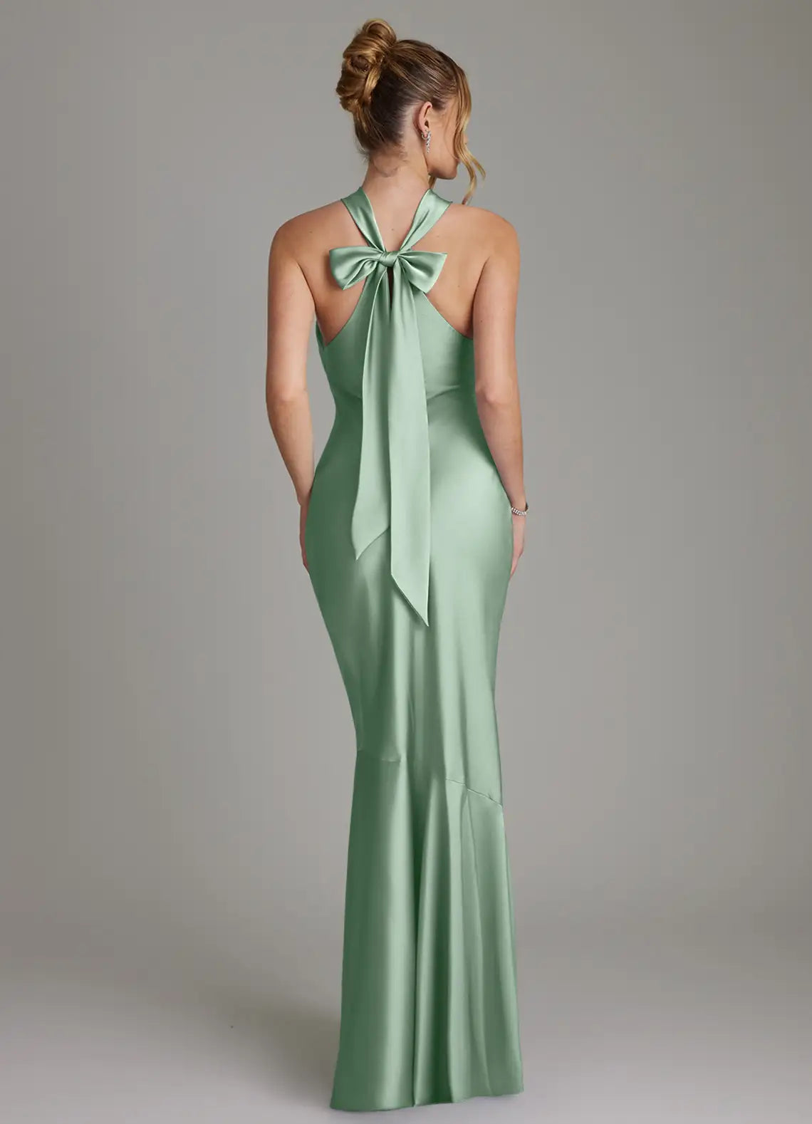 Sage Cross Halter Self Tie Bow Open Back Mermaid Maxi Satin Bridesmaid Dress
