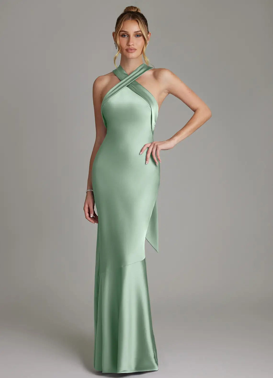 Sage Cross Halter Self Tie Bow Open Back Mermaid Maxi Satin Bridesmaid Dress