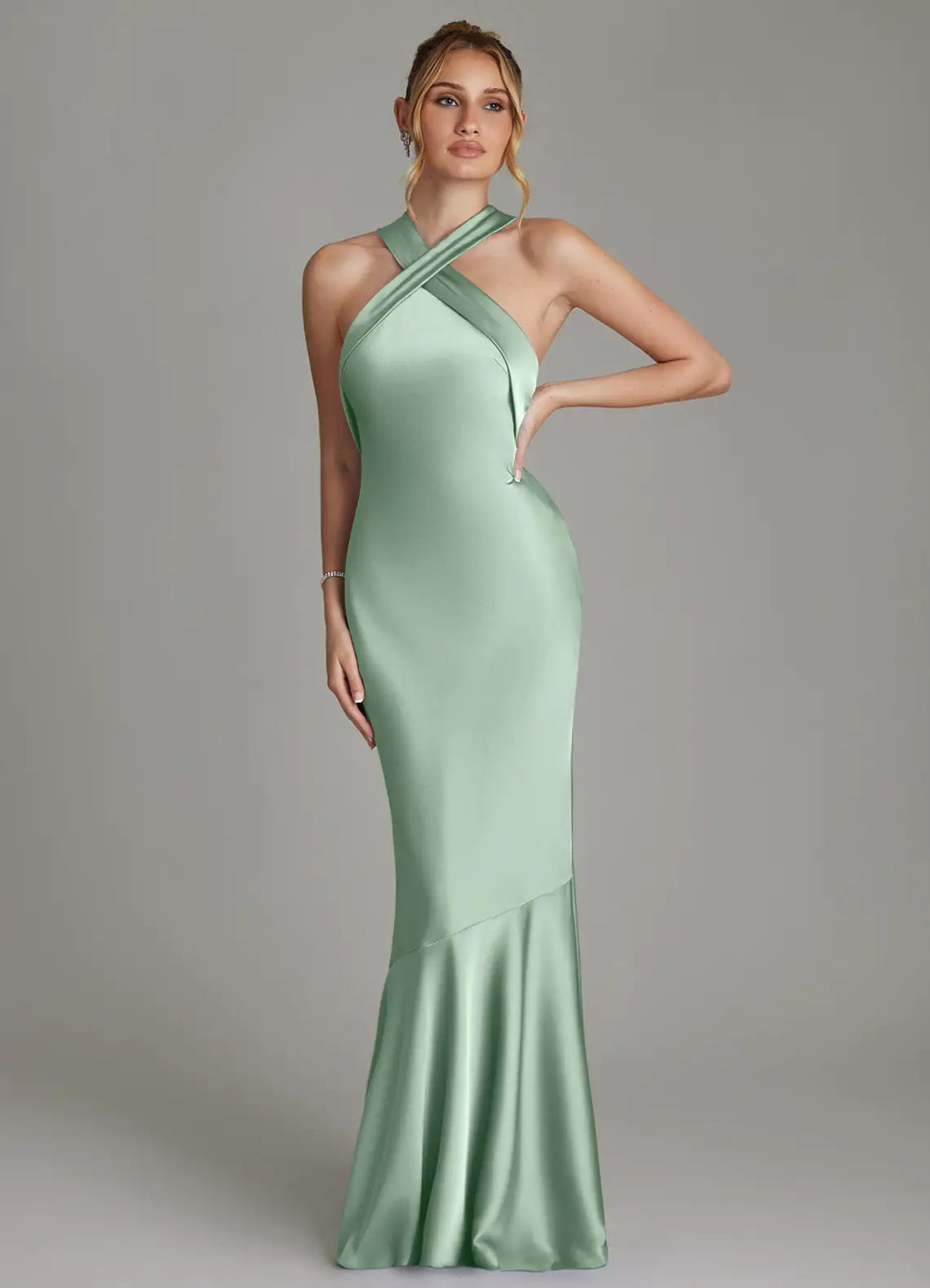 Sage Cross Halter Self Tie Bow Open Back Mermaid Maxi Satin Bridesmaid Dress