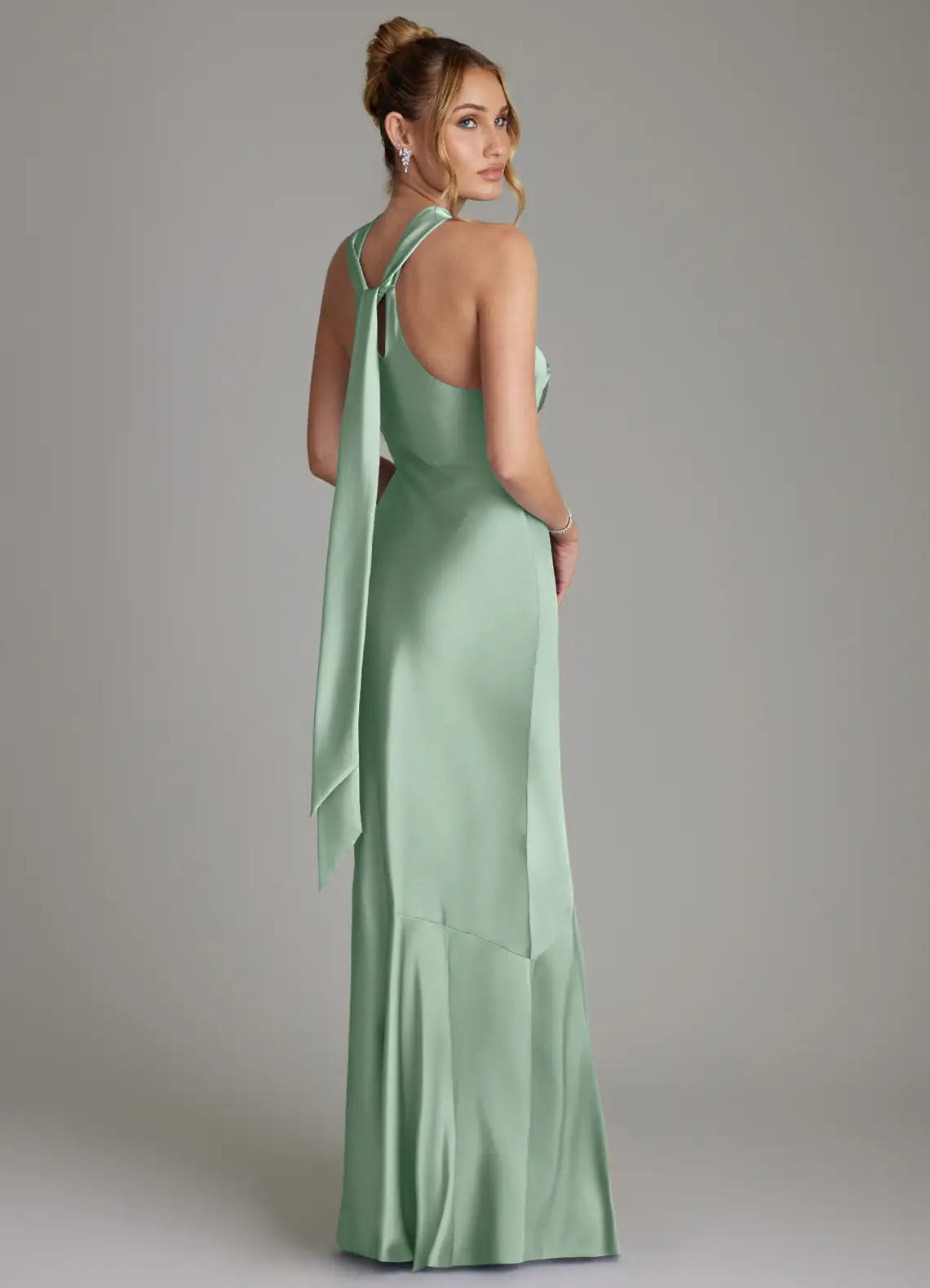 Sage Cross Halter Self Tie Bow Open Back Mermaid Maxi Satin Bridesmaid Dress