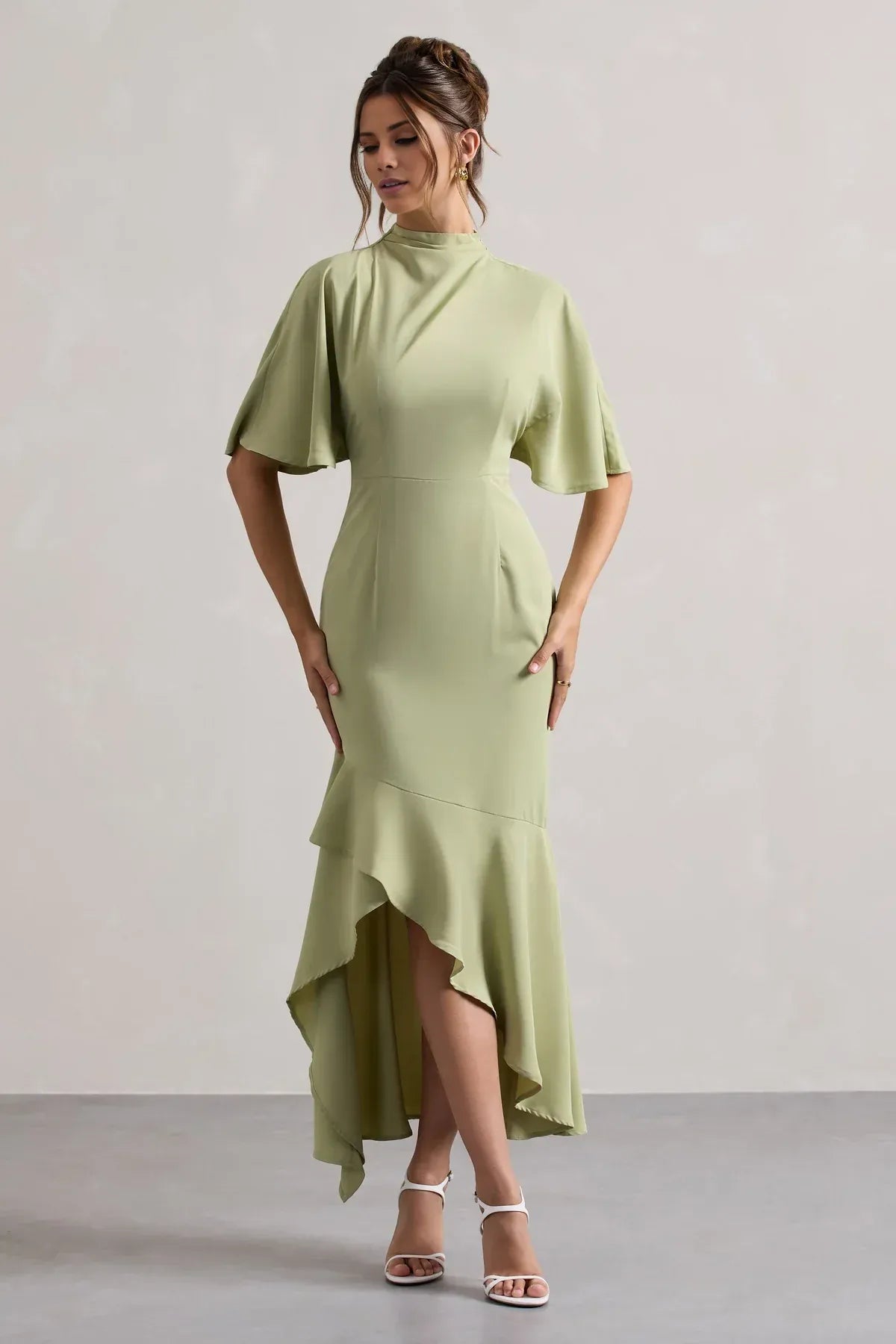 Sage Floor-Length High-Neck Cape-Sleeve Asymmetric-Hem Mermaid Wedding Guest Dress