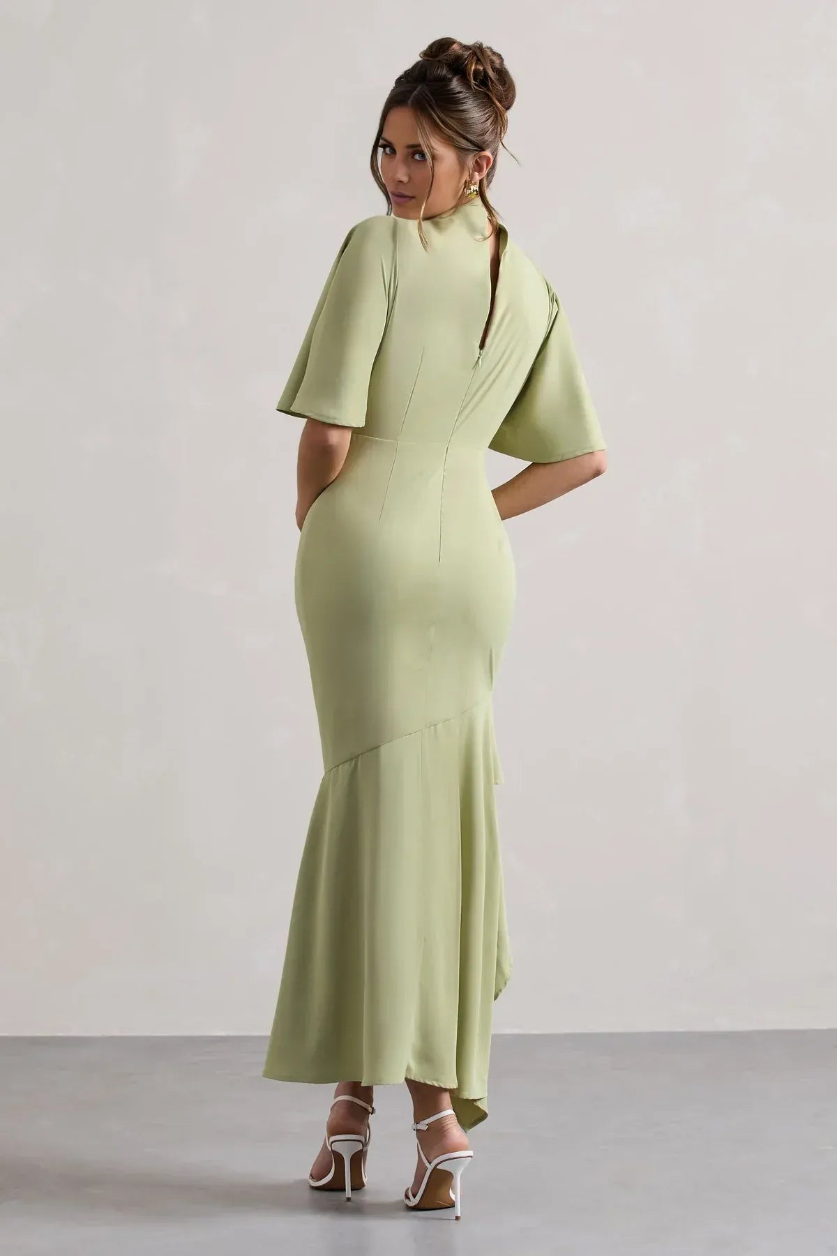 Sage Floor-Length High-Neck Cape-Sleeve Asymmetric-Hem Mermaid Wedding Guest Dress