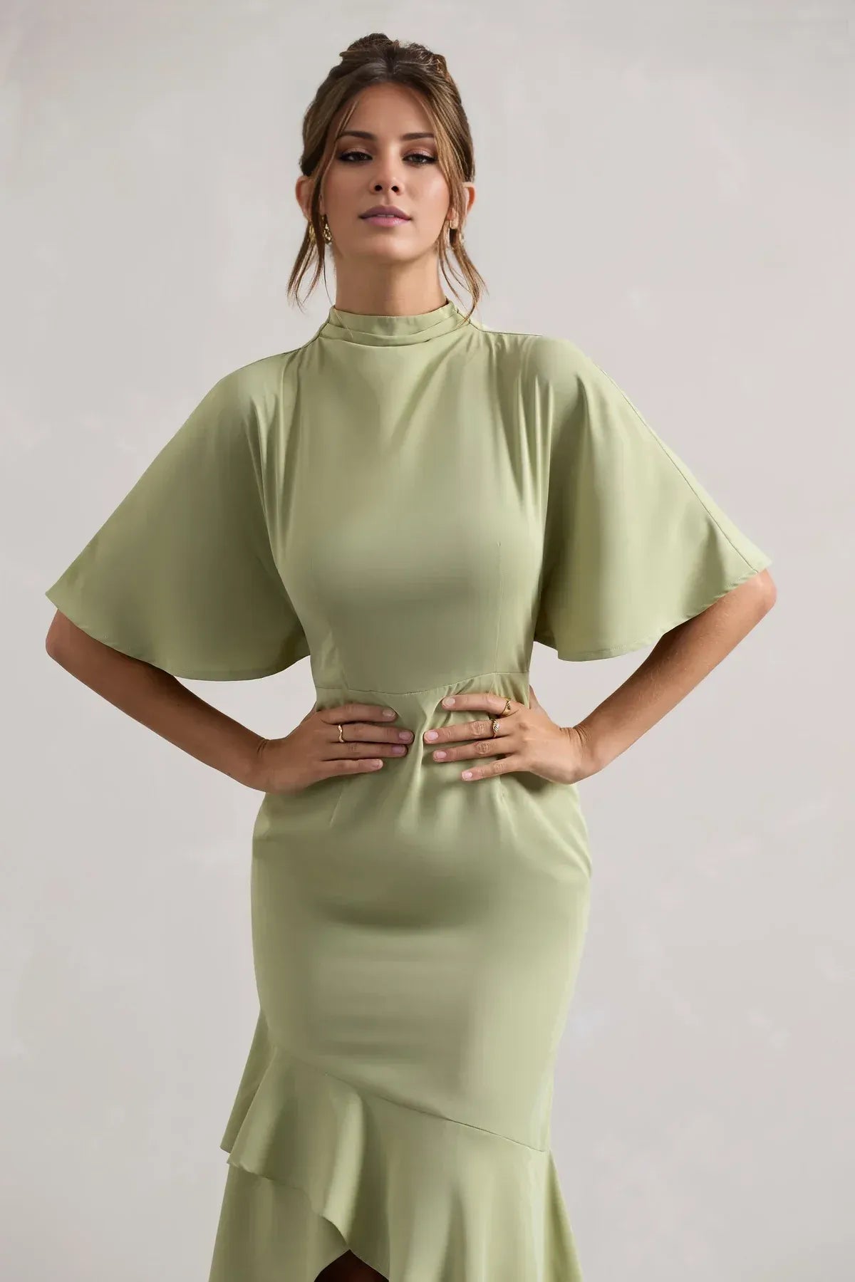 Sage Floor-Length High-Neck Cape-Sleeve Asymmetric-Hem Mermaid Wedding Guest Dress