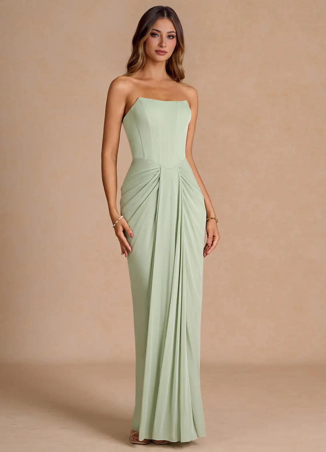 Sage Floor-Length Strapless Corset Ruched Mermaid Wedding Guest Dress