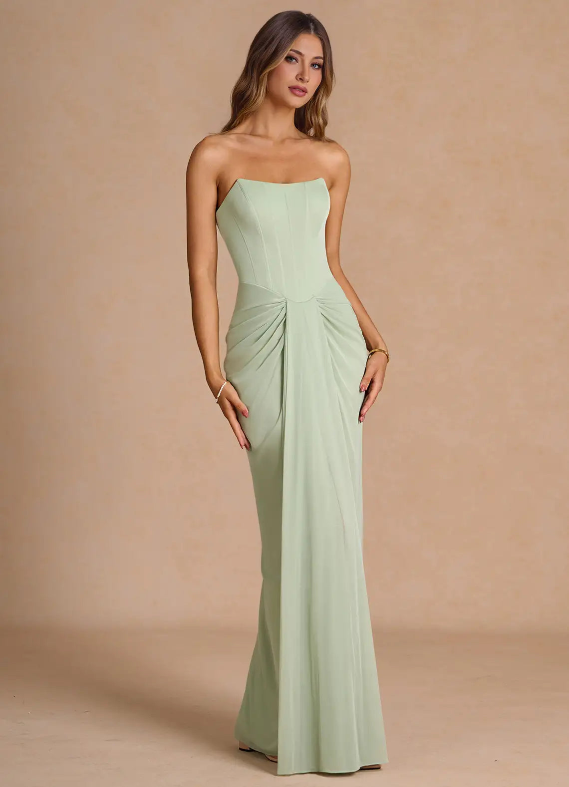 Sage Floor-Length Strapless Corset Ruched Mermaid Wedding Guest Dress