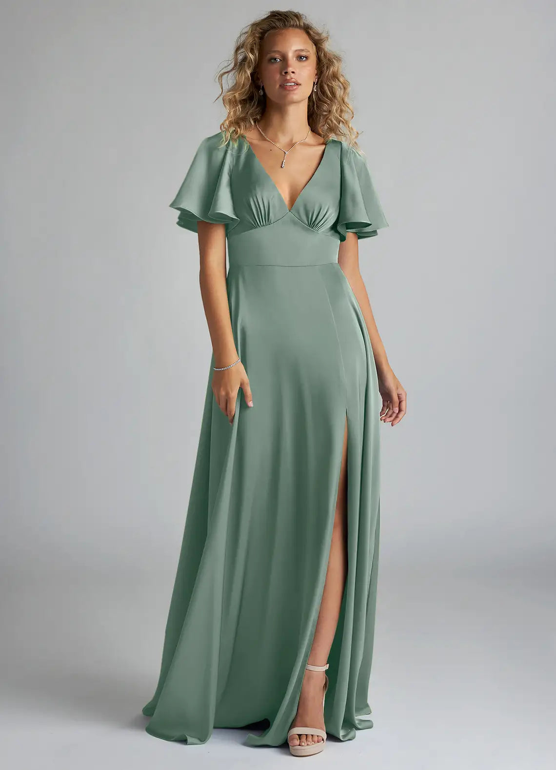 Sage Flutter Short Sleeve V Neck Bow Back High Slit A Line Satin Maxi Bridesmaid Dress