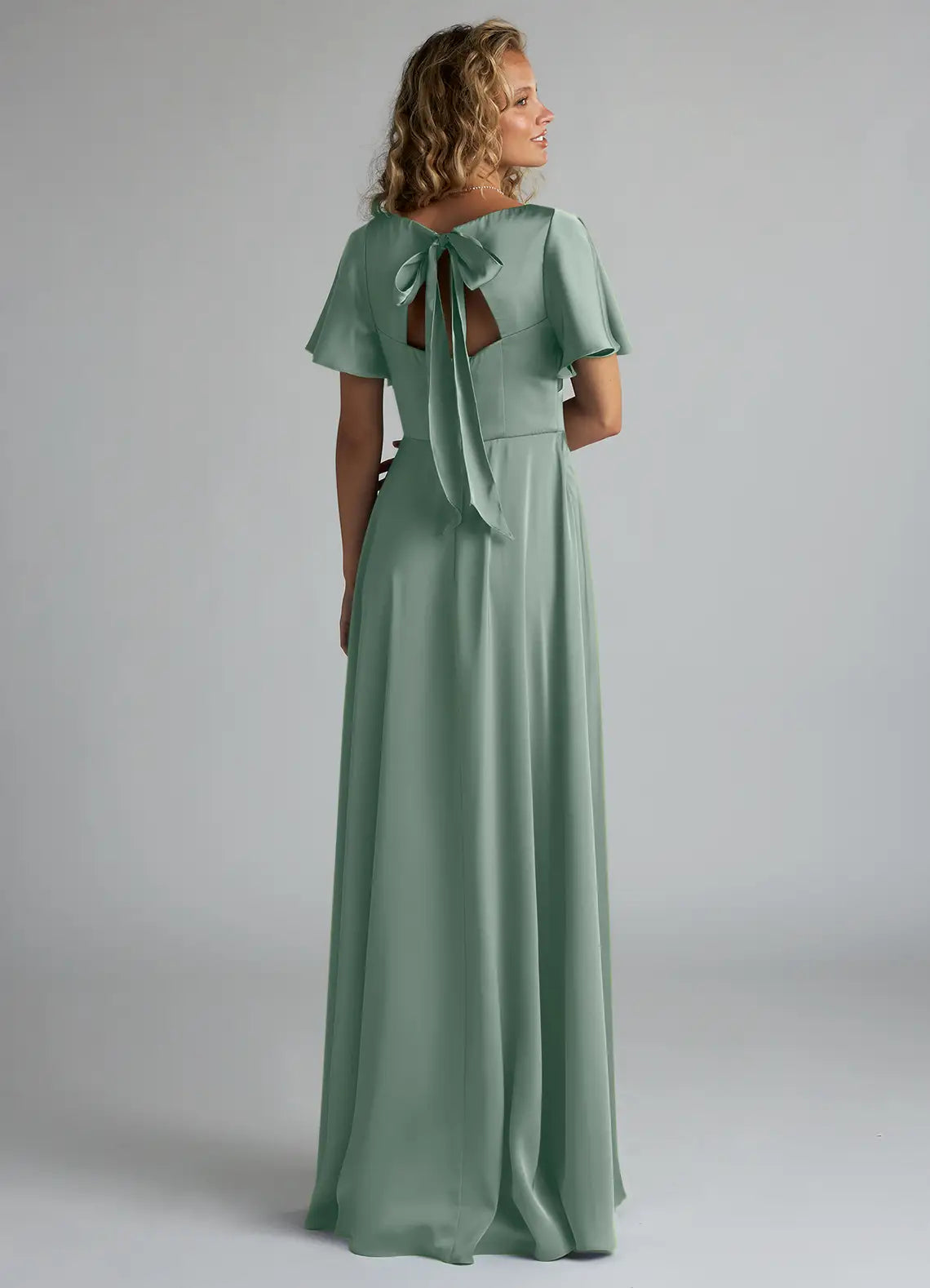 Sage Flutter Short Sleeve V Neck Bow Back High Slit A Line Satin Maxi Bridesmaid Dress
