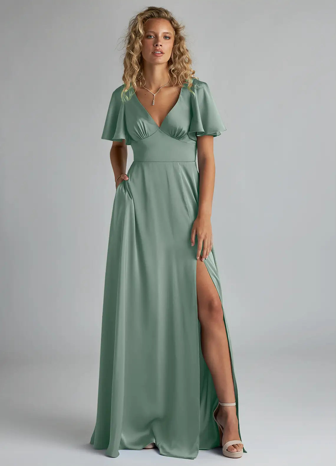 Sage Flutter Short Sleeve V Neck Bow Back High Slit A Line Satin Maxi Bridesmaid Dress