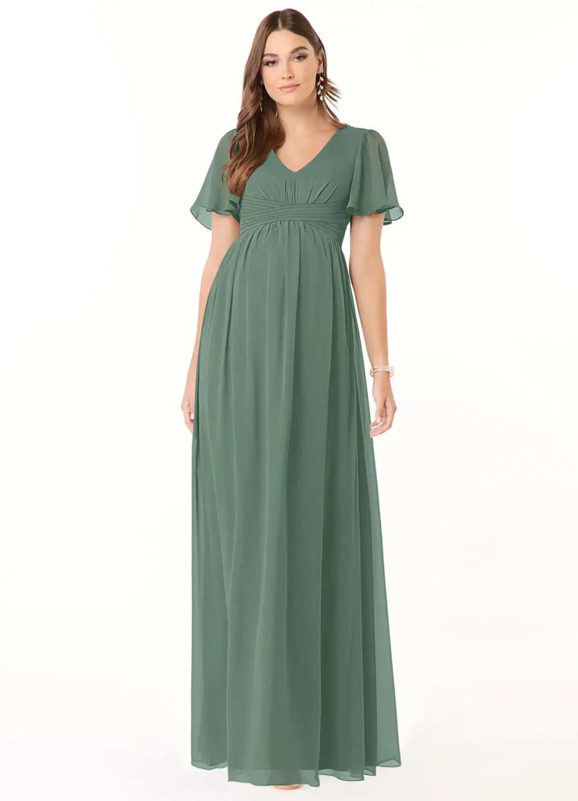 Sage Flutter Short Sleeve V Neck Empire Waist A Line Chiffon Maternity Maxi Bridesmaid Dress