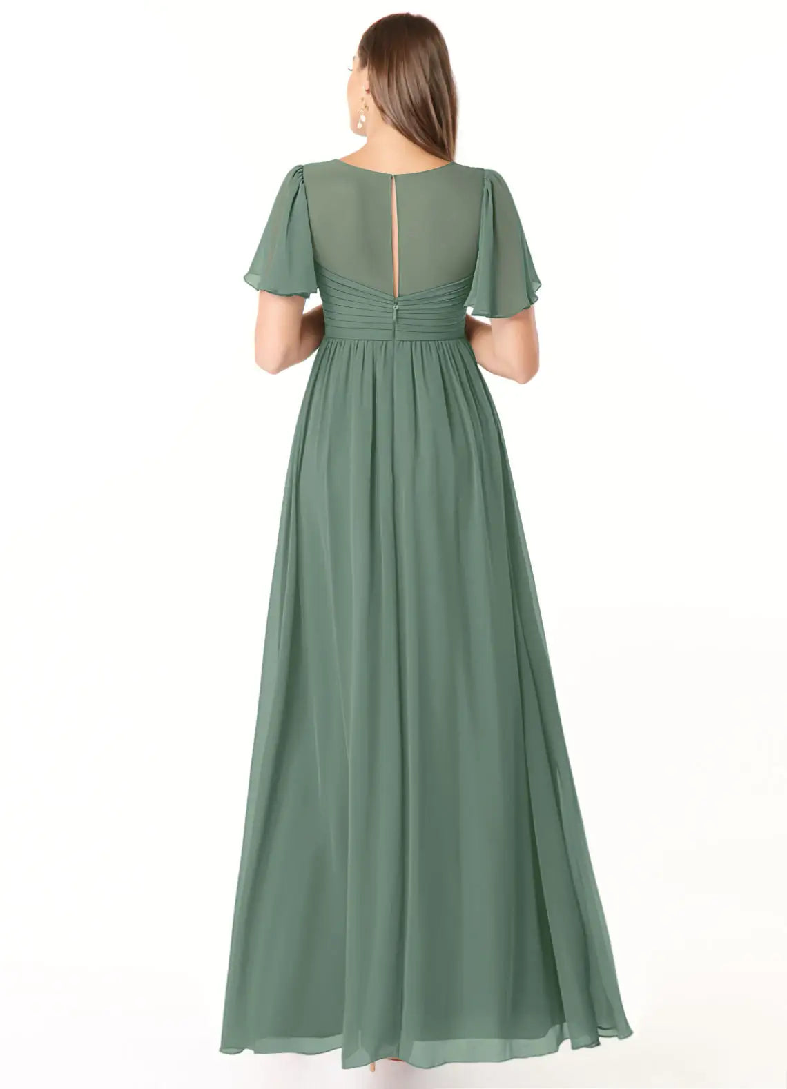 Sage Flutter Short Sleeve V Neck Empire Waist A Line Chiffon Maternity Maxi Bridesmaid Dress