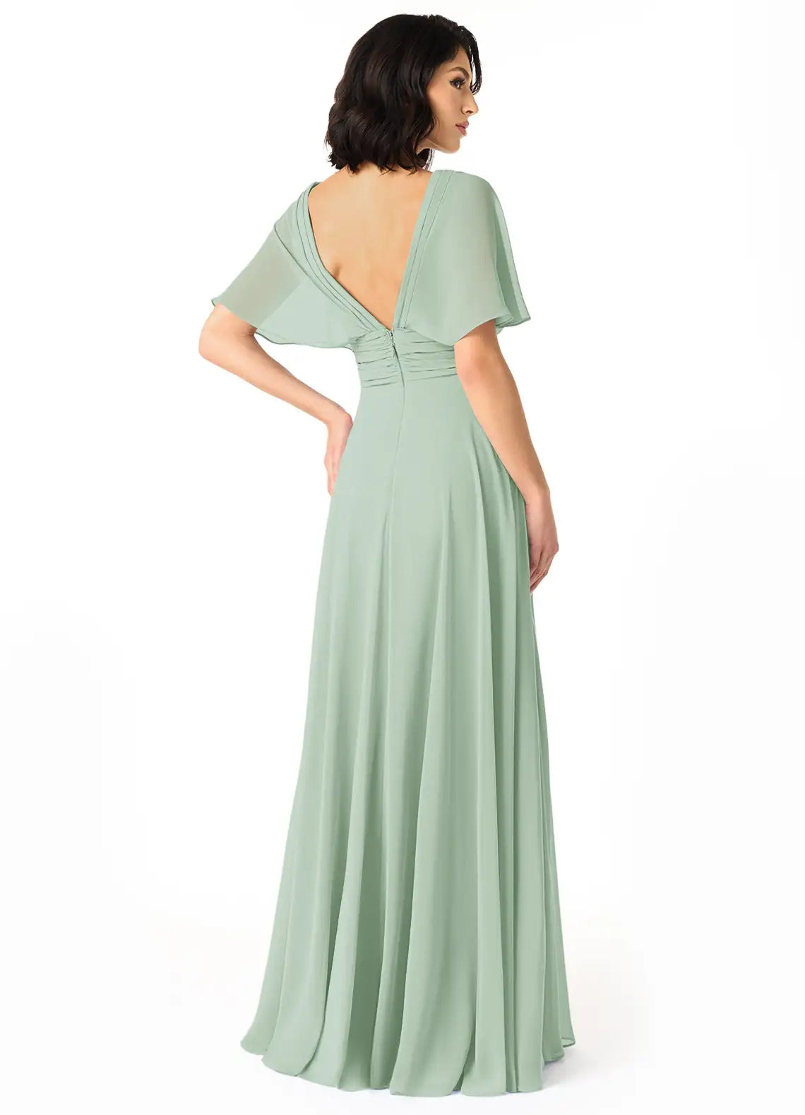 Sage Flutter Sleeve V Neck Ruched Low V Back A Line Train Chiffon Bridesmaid Dress