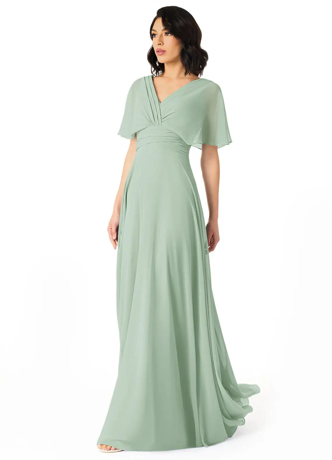 Sage Flutter Sleeve V Neck Ruched Low V Back A Line Train Chiffon Bridesmaid Dress