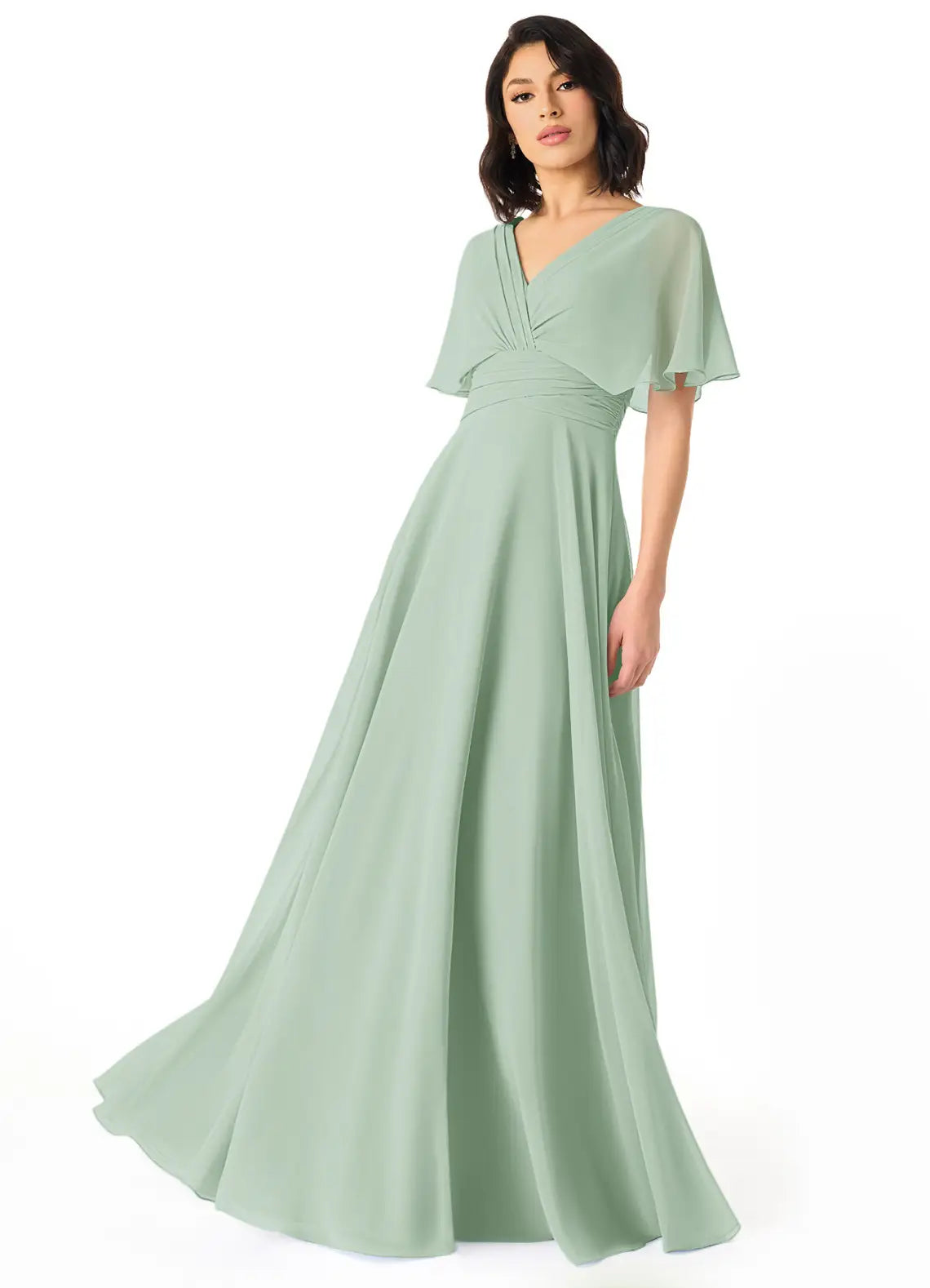 Sage Flutter Sleeve V Neck Ruched Low V Back A Line Train Chiffon Bridesmaid Dress