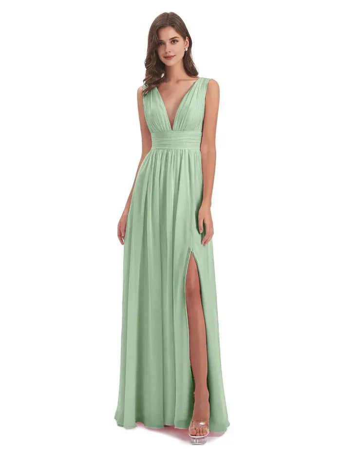 Sage Green A-Line Deep V-Neck Sleeveless Open-Back Slit Maxi Bridesmaid Dress