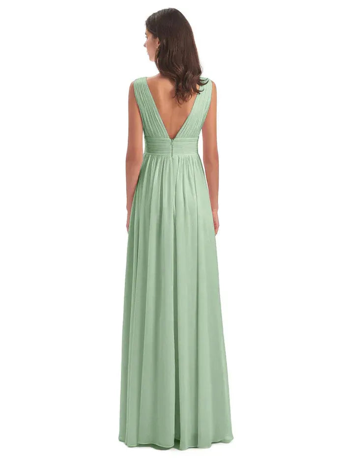 Sage Green A-Line Deep V-Neck Sleeveless Open-Back Slit Maxi Bridesmaid Dress
