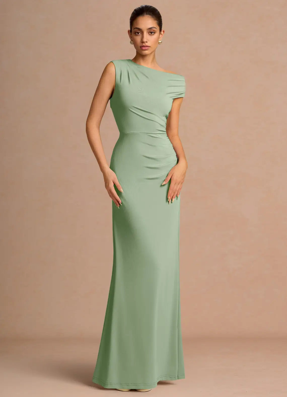 Sage Green Asymmetric Off Shoulder Side Ruched Mermaid Maxi Bridesmaid Dress
