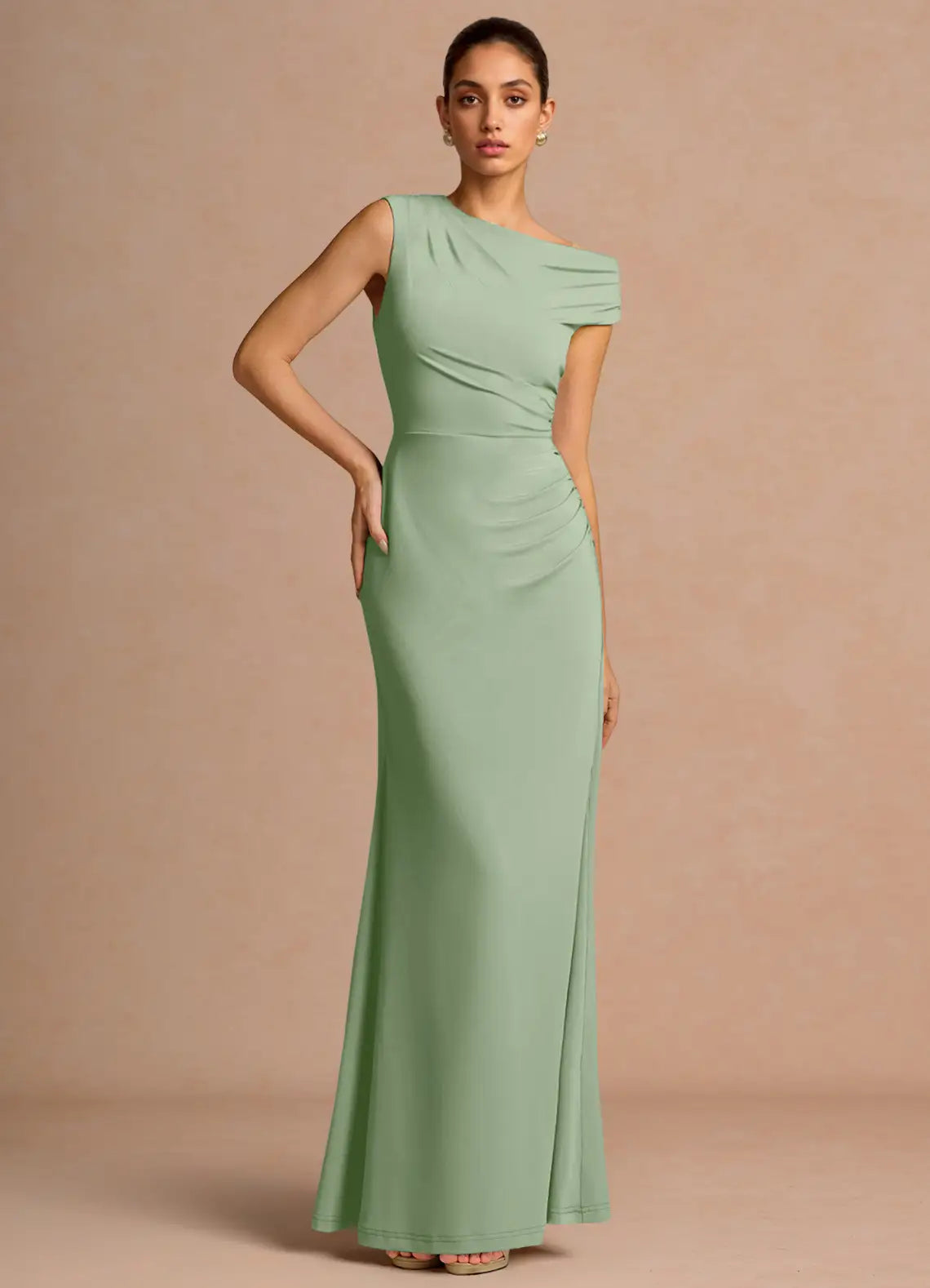 Sage Green Asymmetric Off Shoulder Side Ruched Mermaid Maxi Bridesmaid Dress
