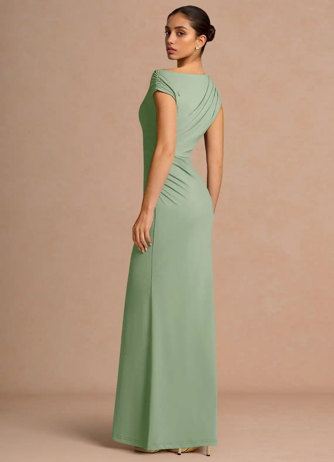 Sage Green Asymmetric Off Shoulder Side Ruched Mermaid Maxi Bridesmaid Dress
