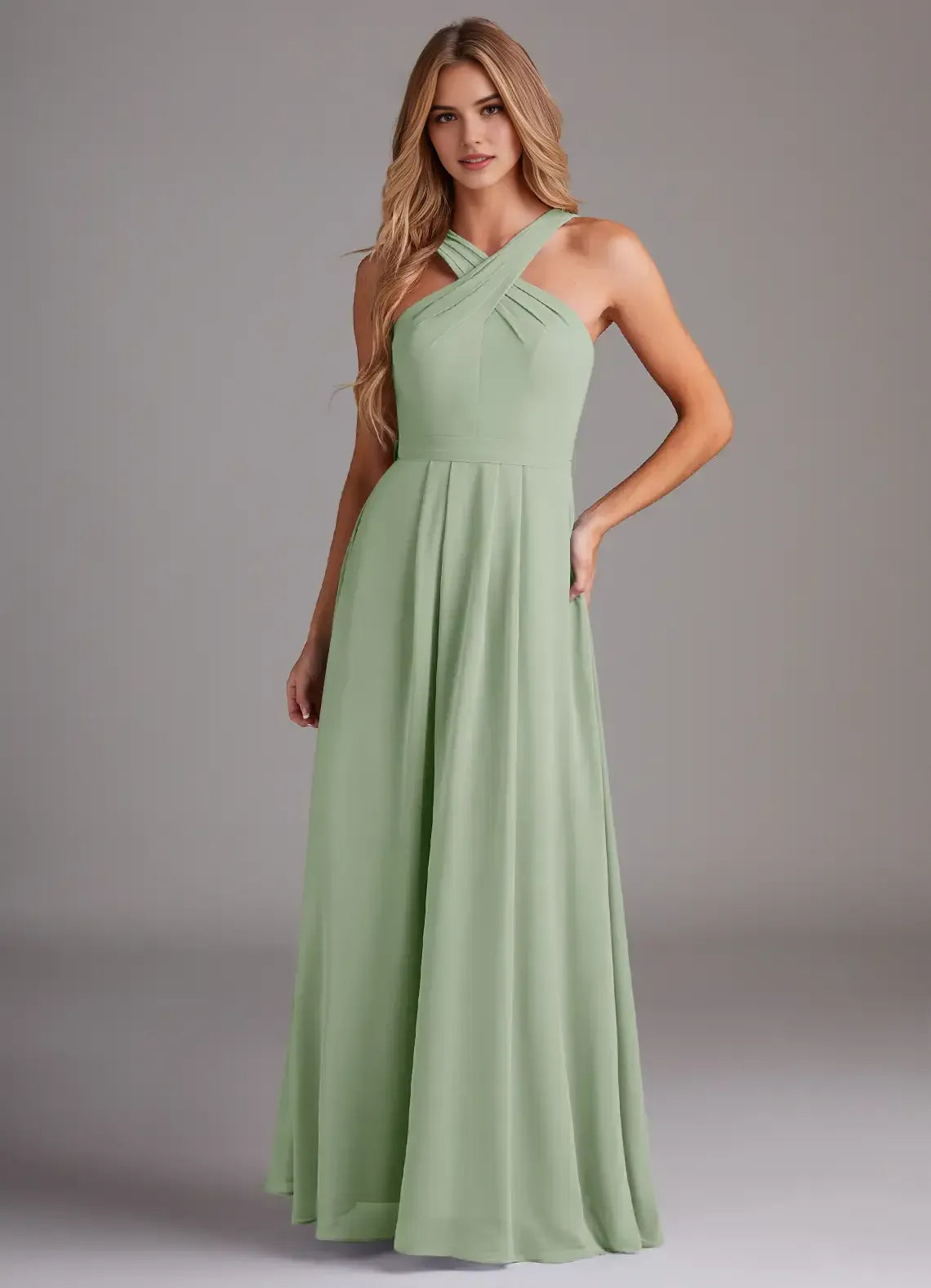 Sage Green Crisscross Halter Back Tie Pleated Floor Length A Line Chiffon Bridesmaid Dress