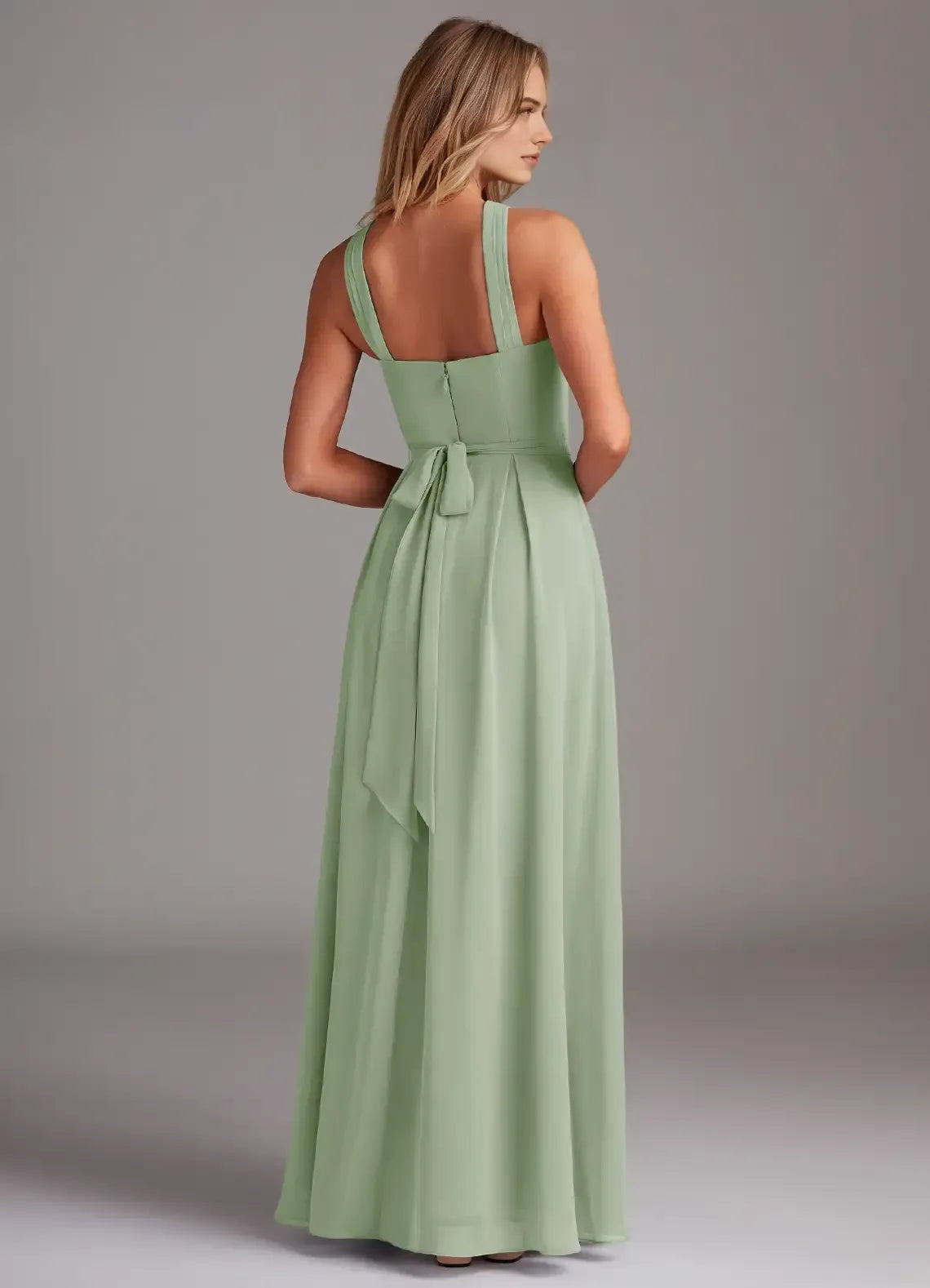 Sage Green Crisscross Halter Back Tie Pleated Floor Length A Line Chiffon Bridesmaid Dress