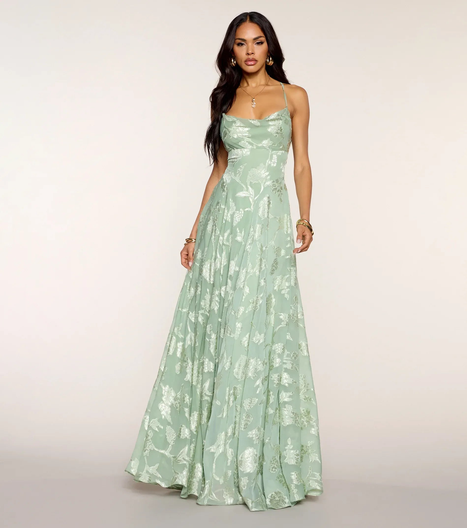 Sage Green Floral Burnout Spaghetti Strap Cowl Neck Lace Up Back A Line Floor Length Wedding Guest Dresses
