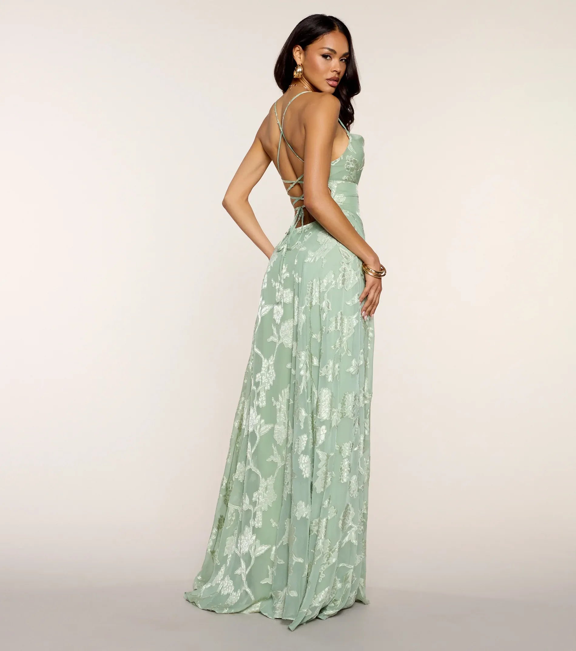 Sage Green Floral Burnout Spaghetti Strap Cowl Neck Lace Up Back A Line Floor Length Wedding Guest Dresses
