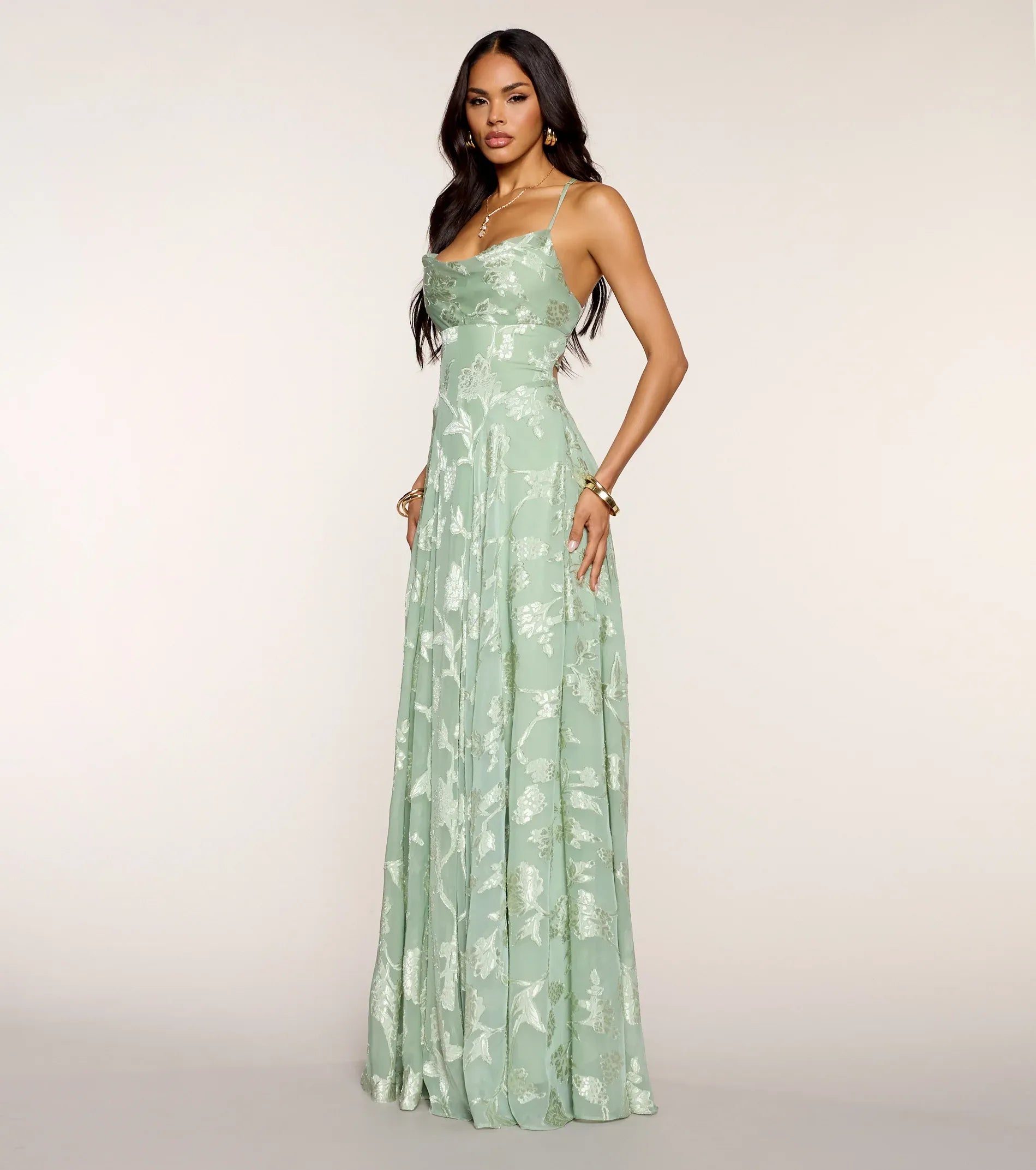 Sage Green Floral Burnout Spaghetti Strap Cowl Neck Lace Up Back A Line Floor Length Wedding Guest Dresses