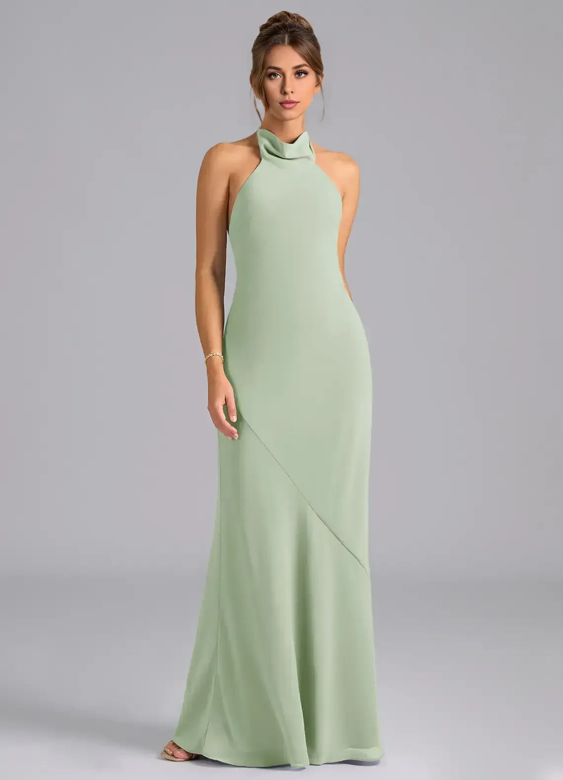 Sage Green Halter Neck Back Bow Floor Length Mermaid Chiffon Bridesmaid Dress