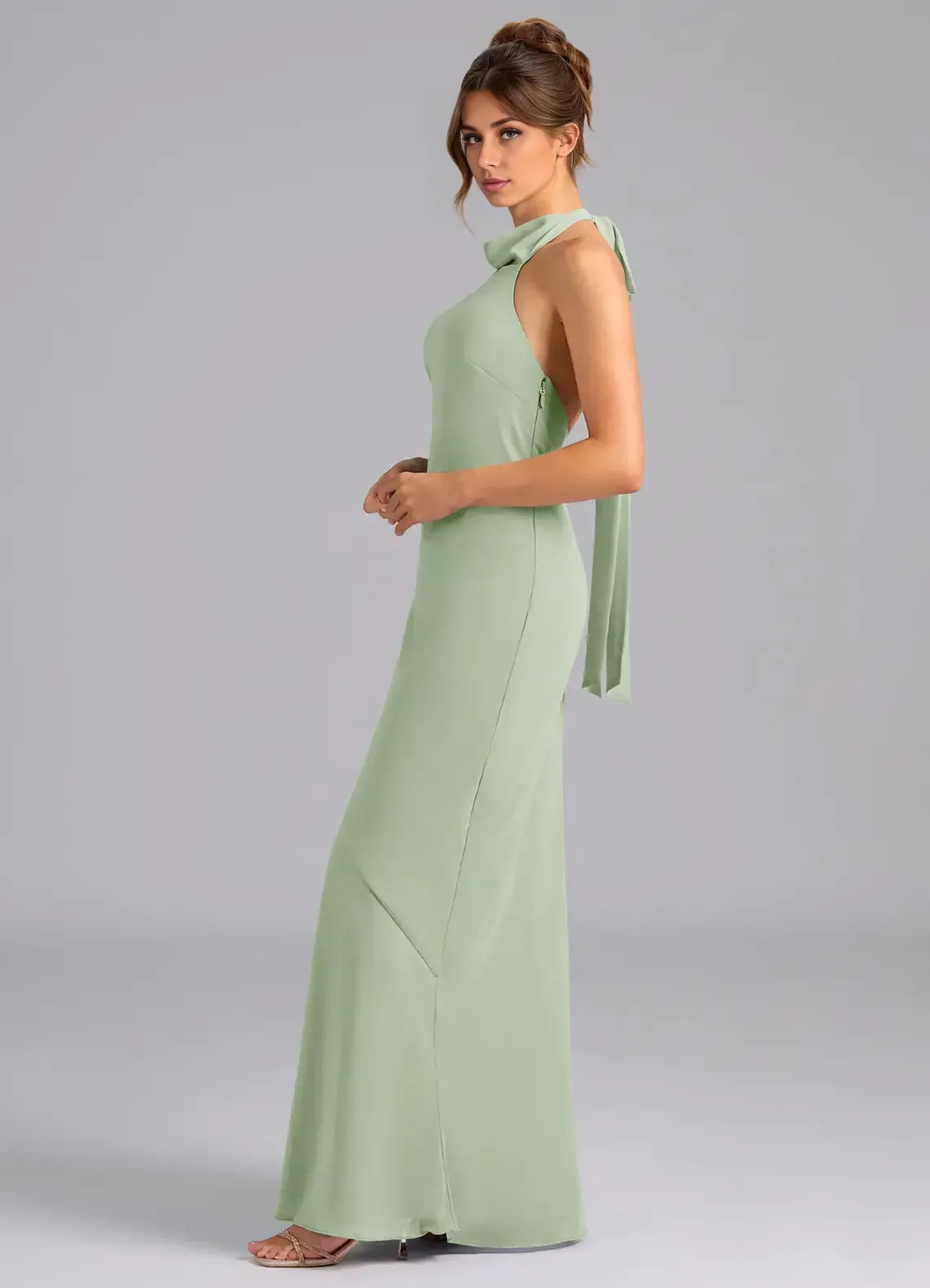 Sage Green Halter Neck Back Bow Floor Length Mermaid Chiffon Bridesmaid Dress