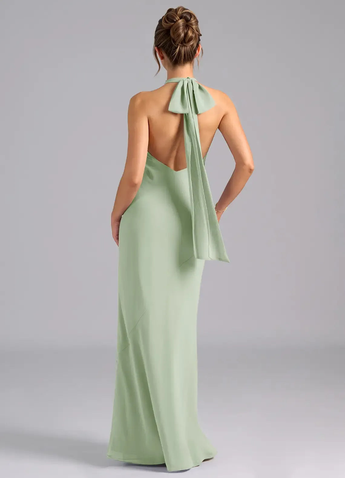 Sage Green Halter Neck Back Bow Floor Length Mermaid Chiffon Bridesmaid Dress