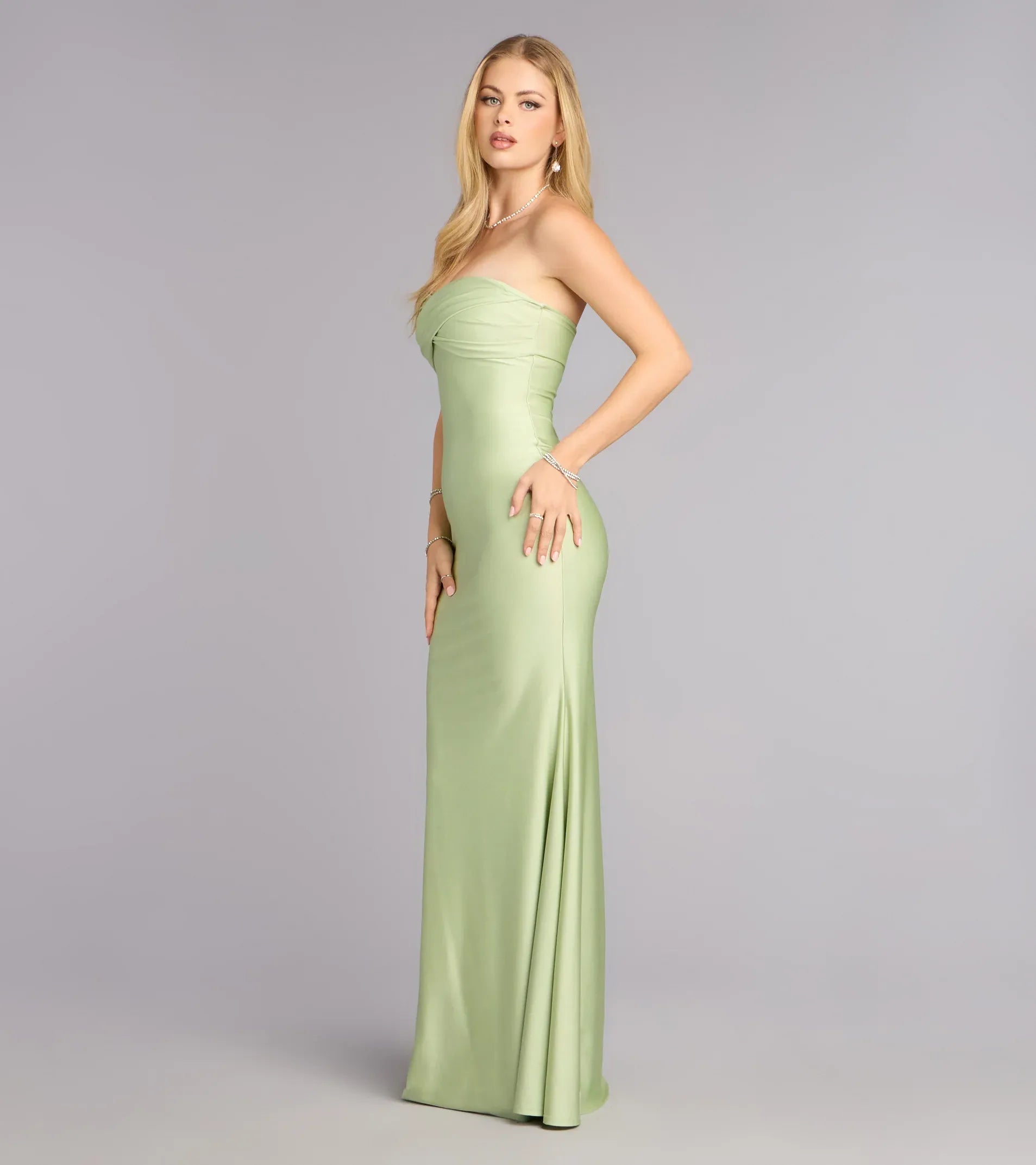 Sage Green Mermaid Strapless Twist Sweetheart Sleeveless Plain Back Floor Length Wedding Guest Dresses