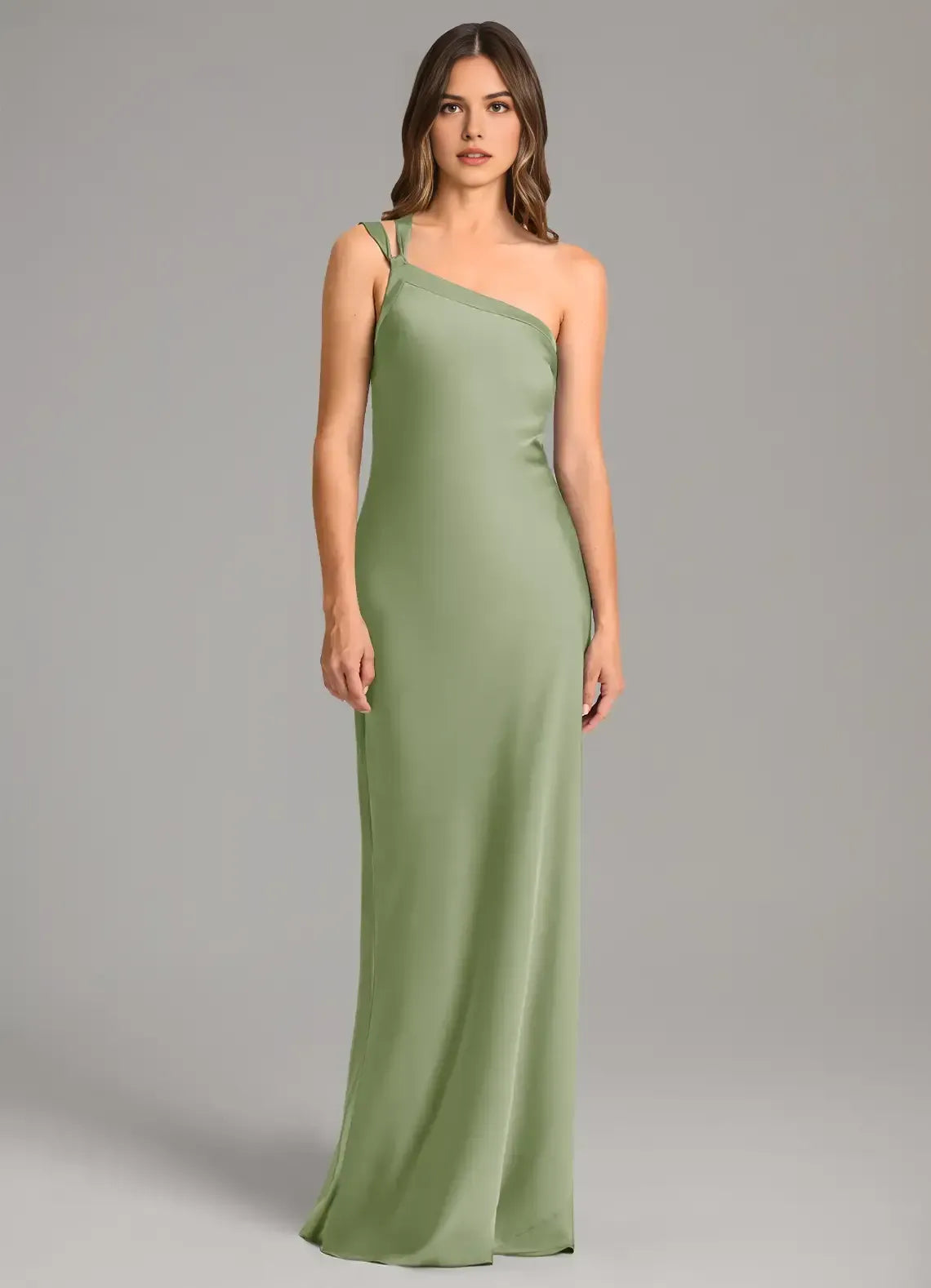 Sage Green One Shoulder Crisscross Tie Back High Slit Floor Length Column Satin Bridesmaid Dress