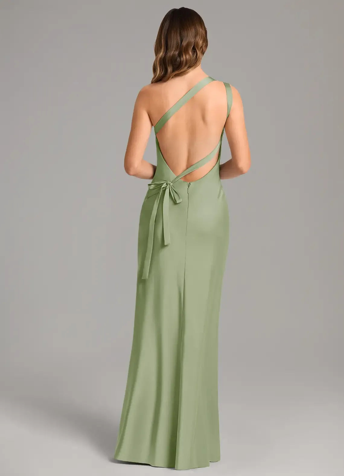 Sage Green One Shoulder Crisscross Tie Back High Slit Floor Length Column Satin Bridesmaid Dress