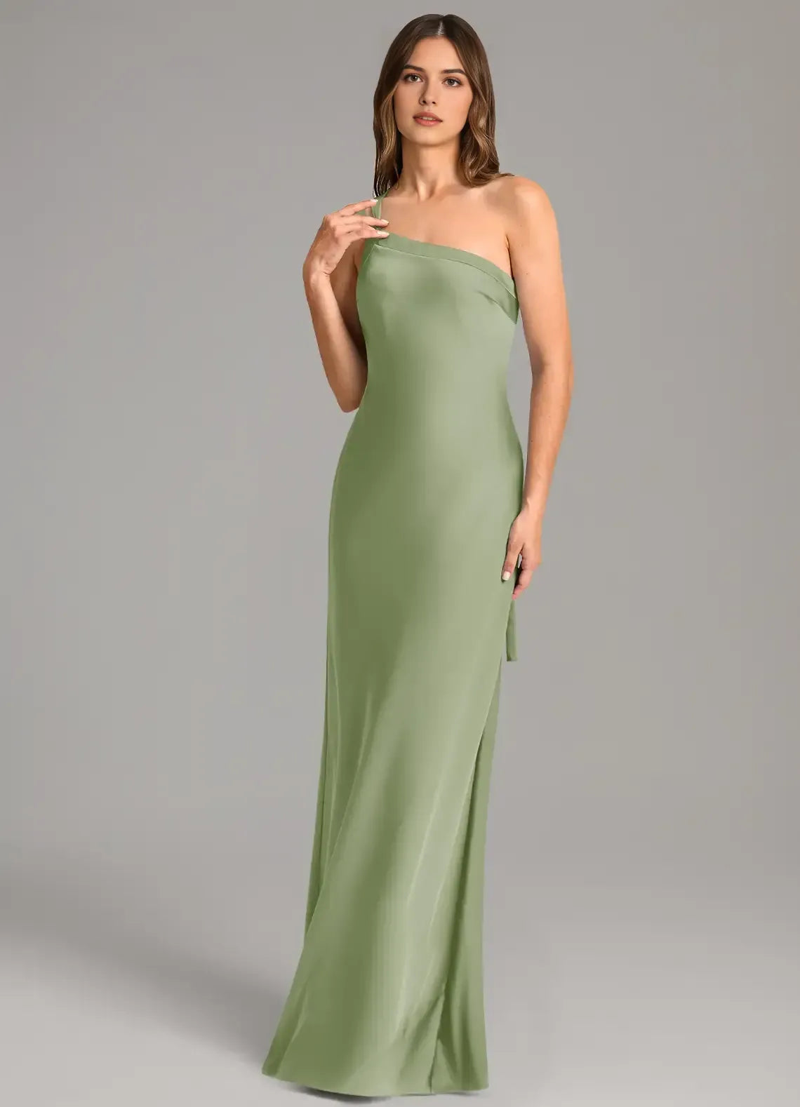 Sage Green One Shoulder Crisscross Tie Back High Slit Floor Length Column Satin Bridesmaid Dress